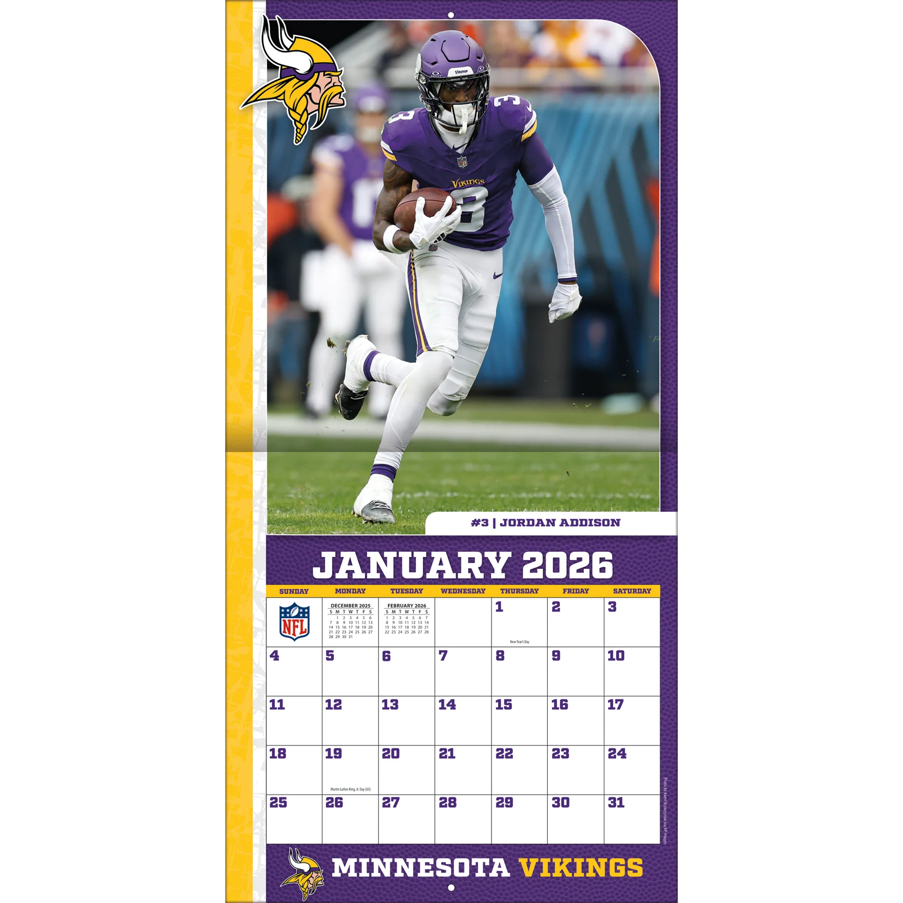 Turner Minnesota Vikings NFL 30,5 x 30,5 cm Team Wandkalender 2026 - Image 3
