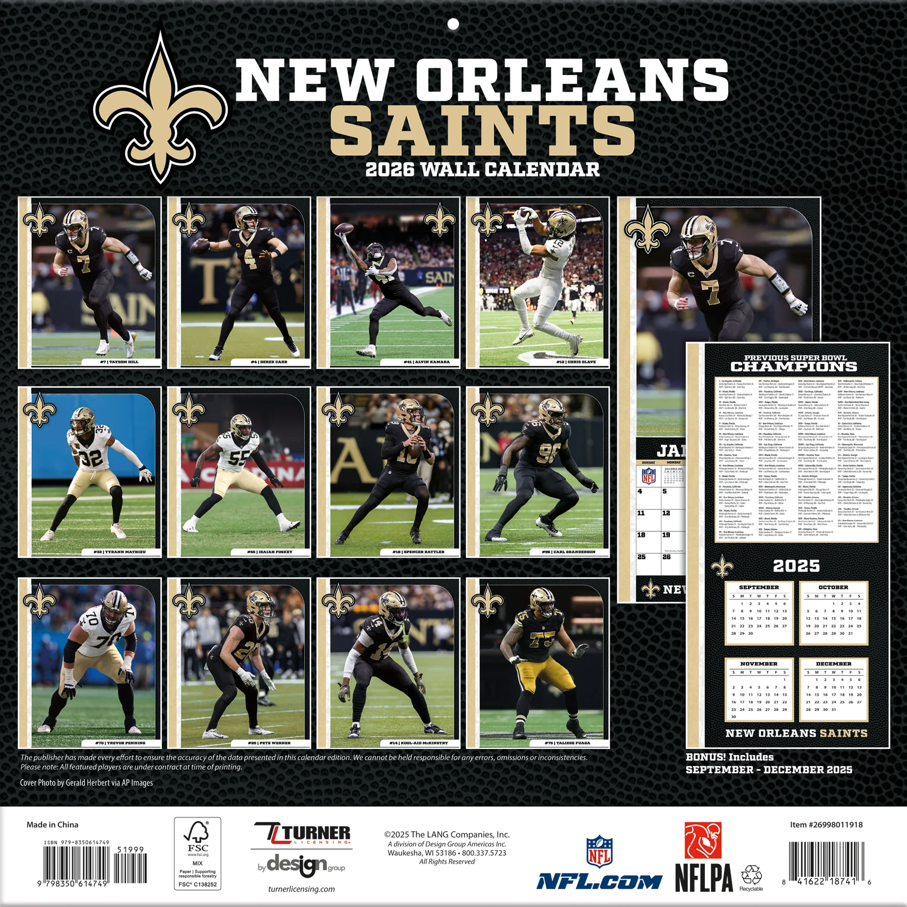 Turner New Orleans Saints NFL 30,5 x 30,5 cm Team Wandkalender 2026 - Image 4