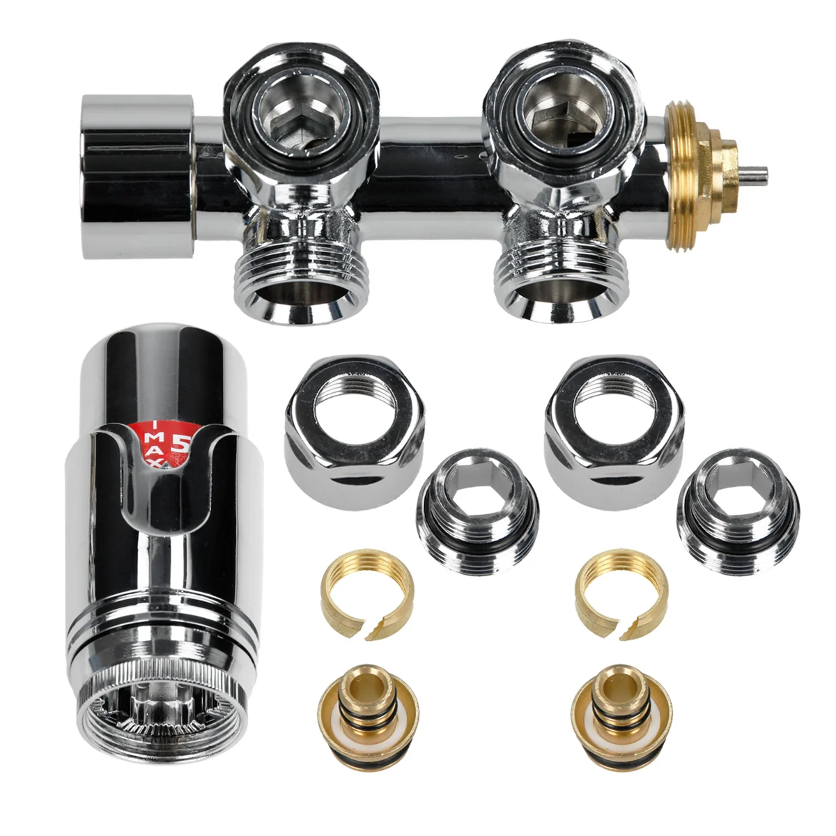 Ventil-Armaturen Set Multiblock Chrom Eckform inkl. Thermostatkopf für Badheizkörper - Image 2