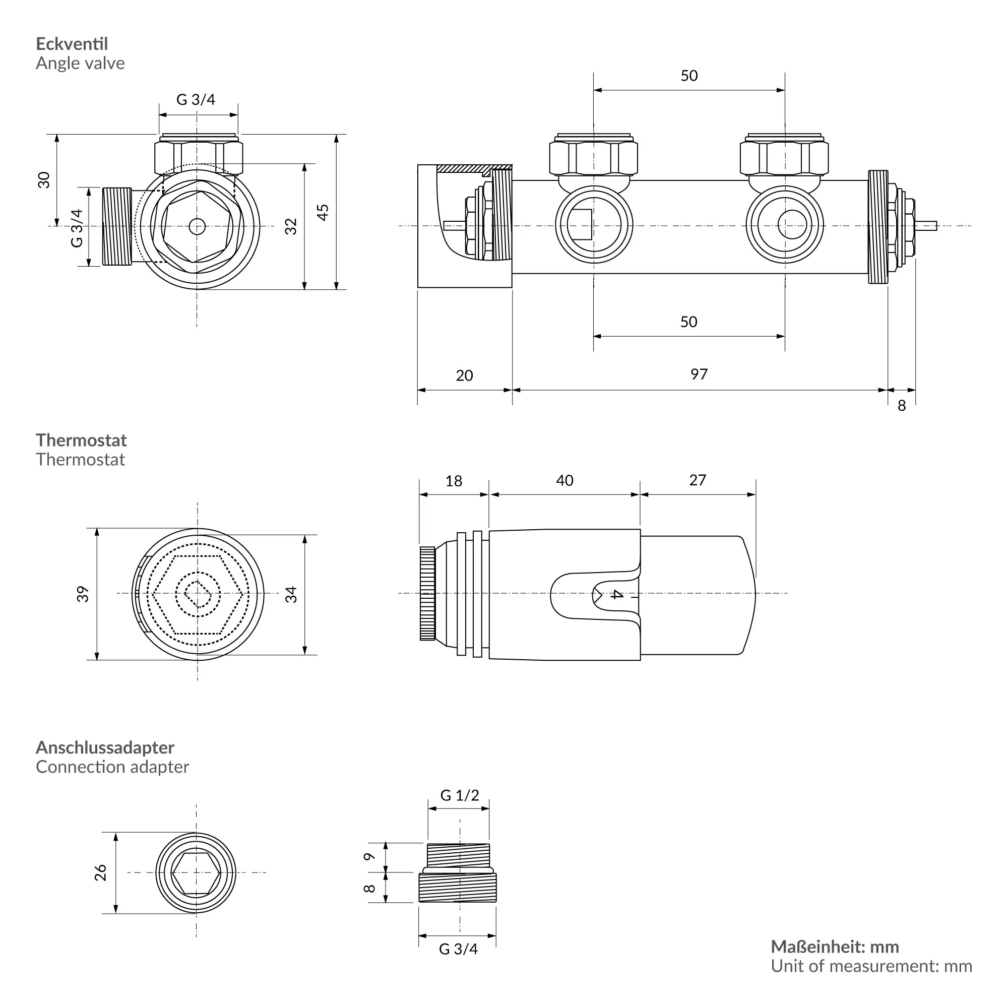 Ventil-Armaturen Set Multiblock Chrom Eckform inkl. Thermostatkopf für Badheizkörper - Image 4