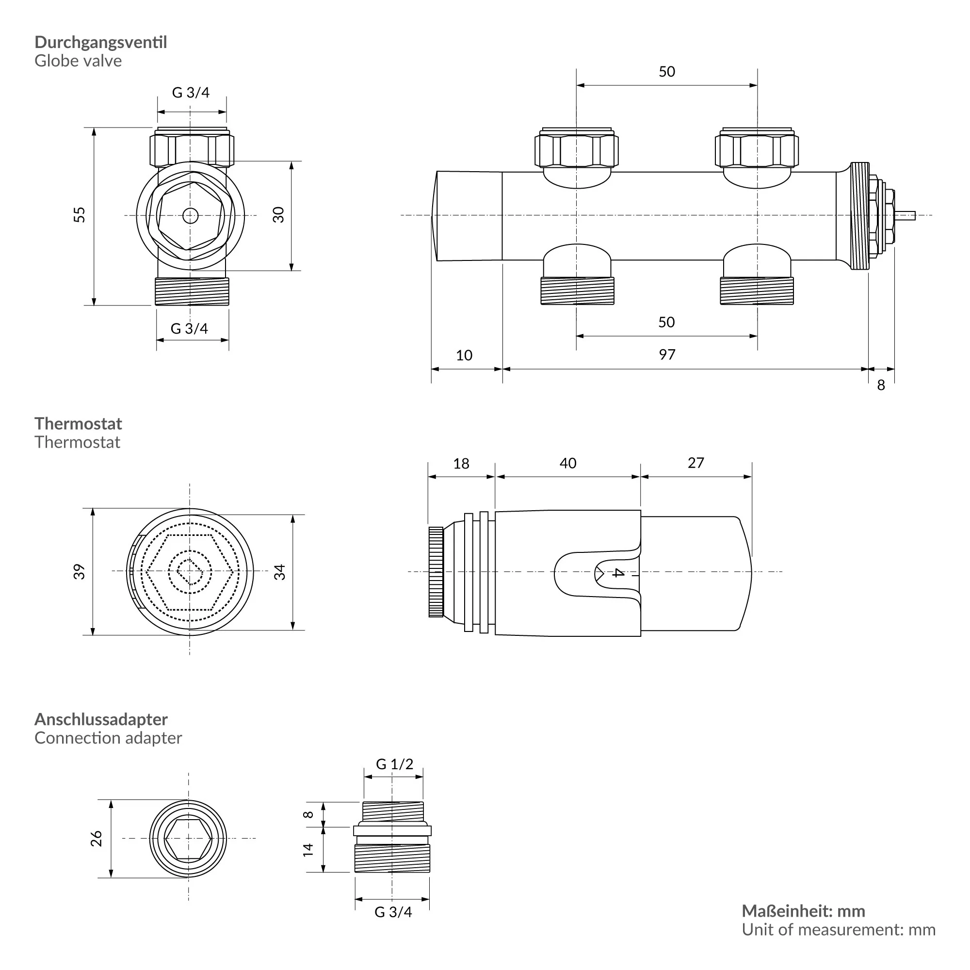Ventil-Armaturen Set Multiblock Weiß Durchgangsform inkl. Thermostatkopf LuxeBath - Image 6