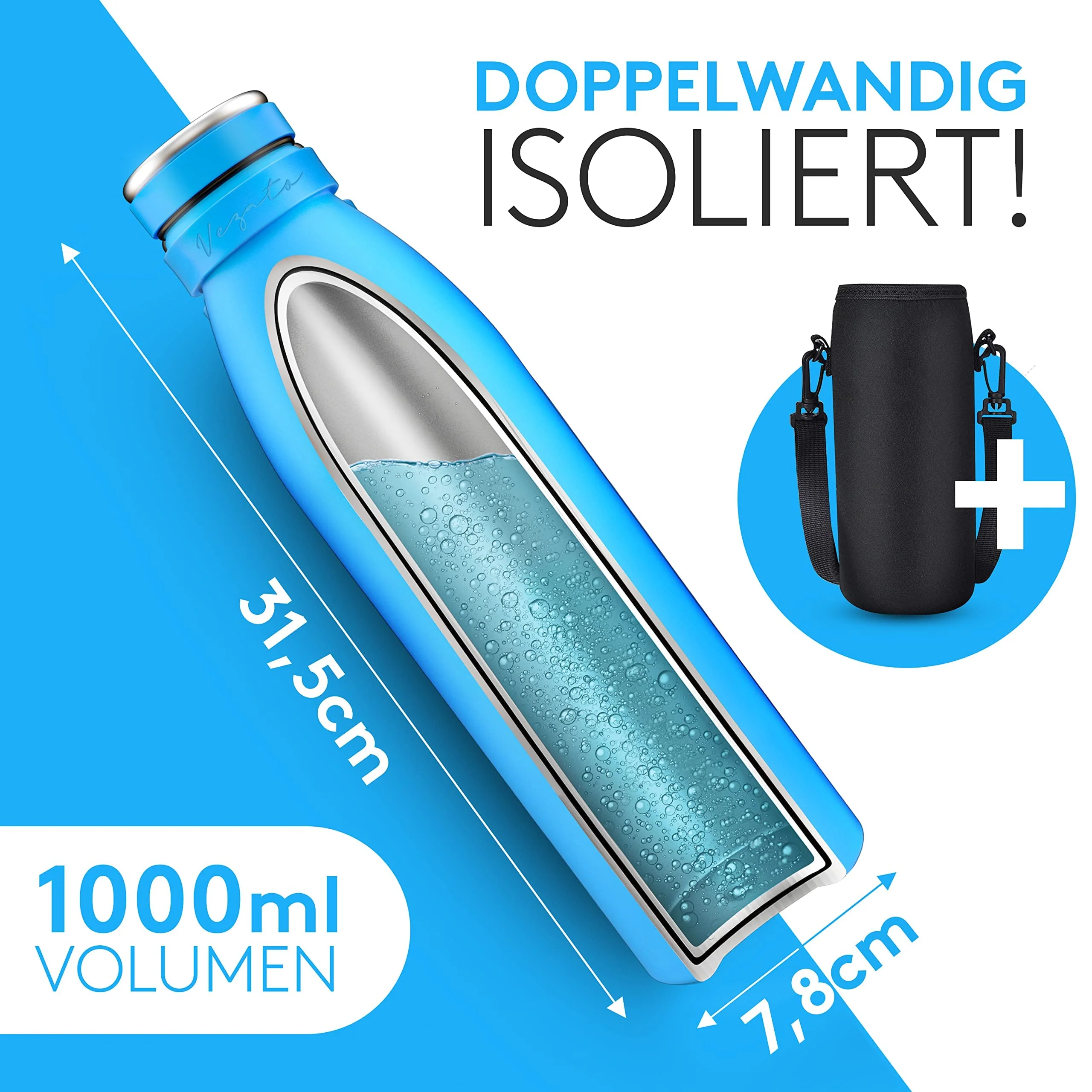 Vezato Trinkflasche Edelstahl - BPA-freie Isolierflasche 1 Liter - Auslaufsichere - Image 3