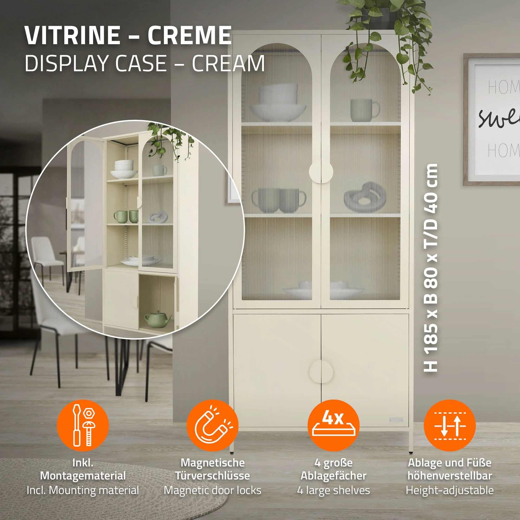 Vitrinenschrank 80x185x40 cm aus Stahl mit 4 Ablage-/Regalfächer und 4 Türen - Image 13
