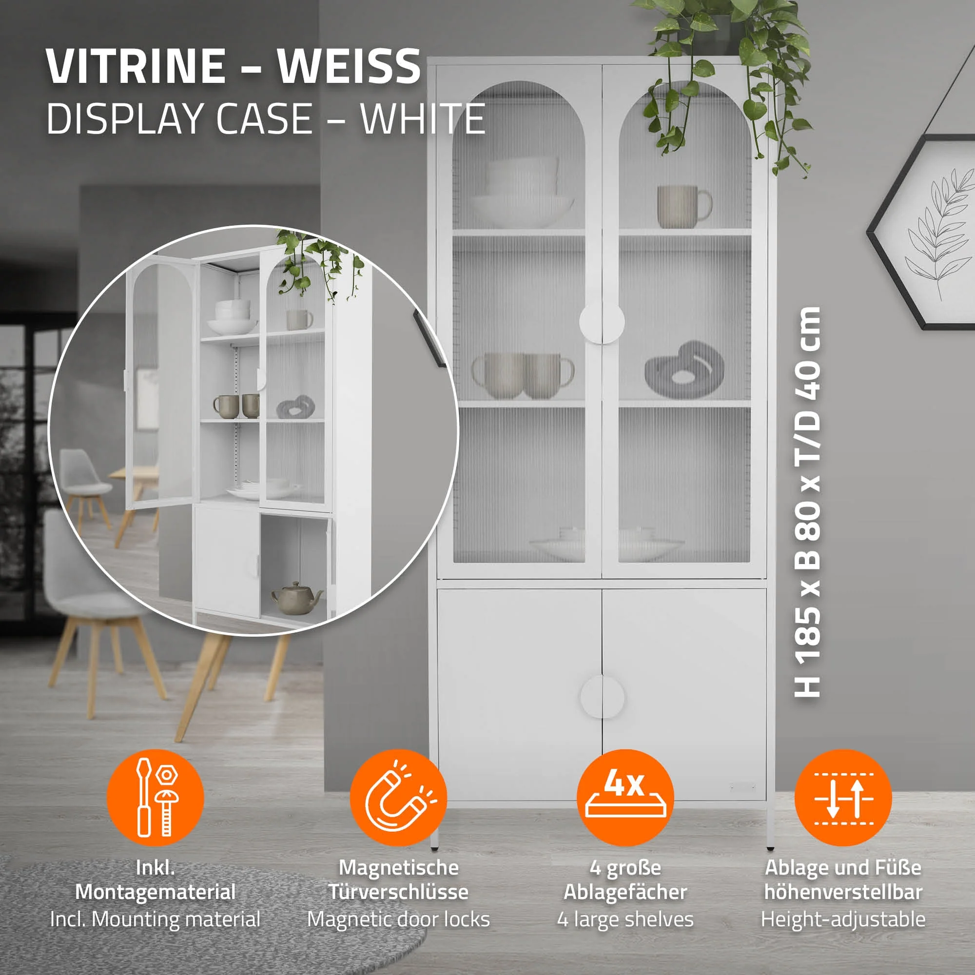 Vitrinenschrank 80x185x40 cm aus Stahl mit 4 Ablage-/Regalfächer und 4 Türen - Image 21