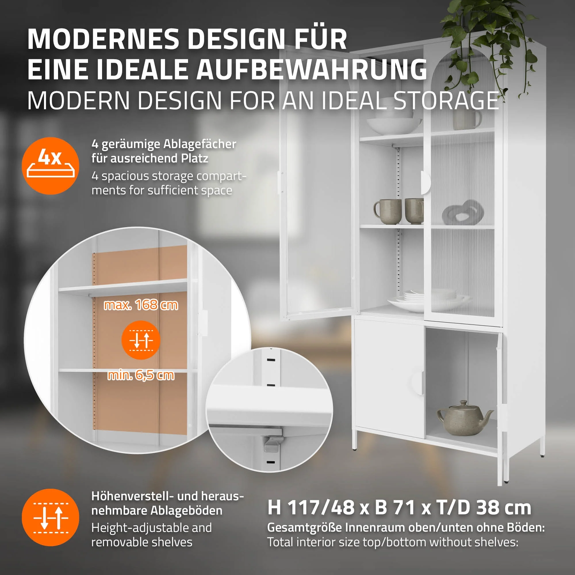 Vitrinenschrank 80x185x40 cm aus Stahl mit 4 Ablage-/Regalfächer und 4 Türen - Image 22