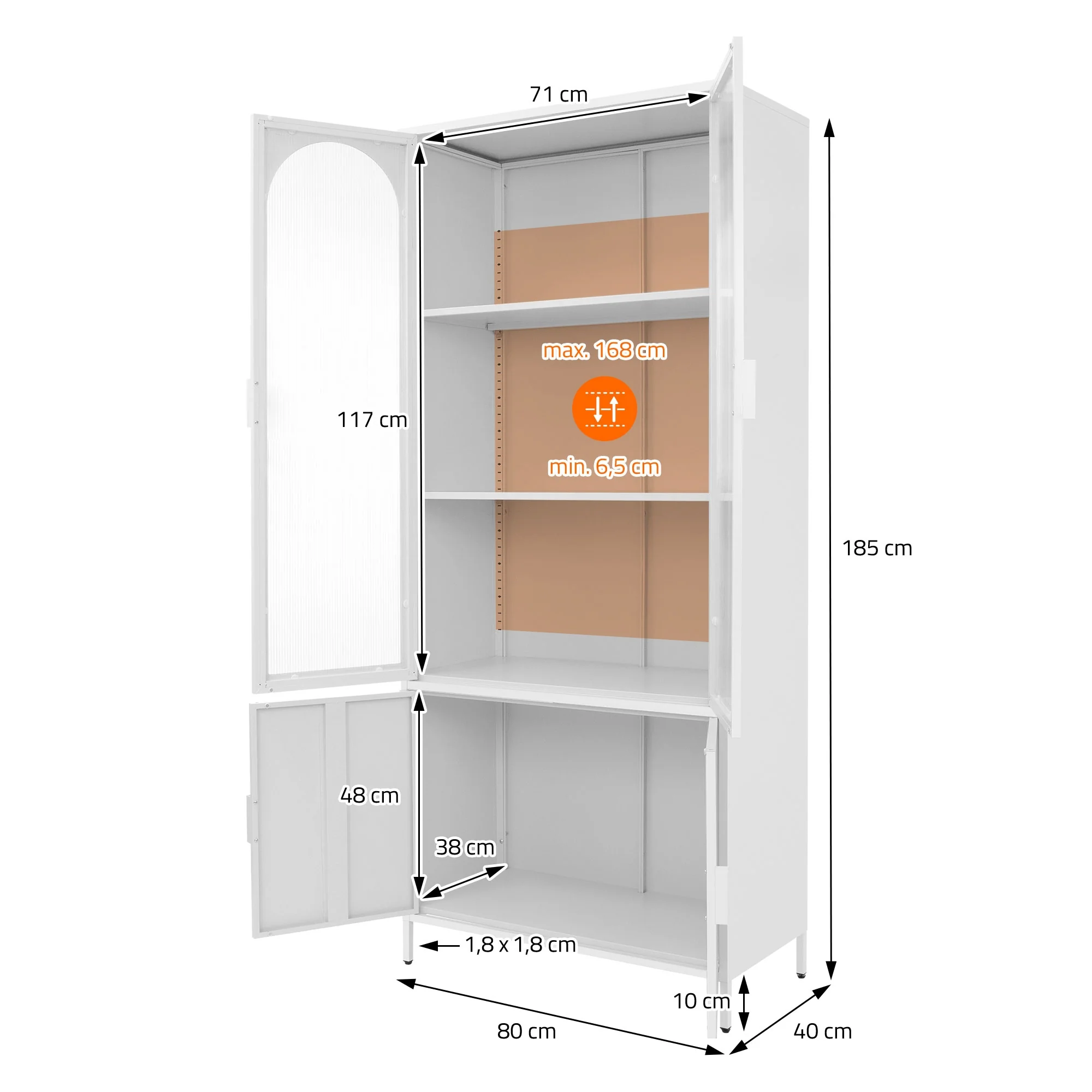 Vitrinenschrank 80x185x40 cm aus Stahl mit 4 Ablage-/Regalfächer und 4 Türen - Image 25
