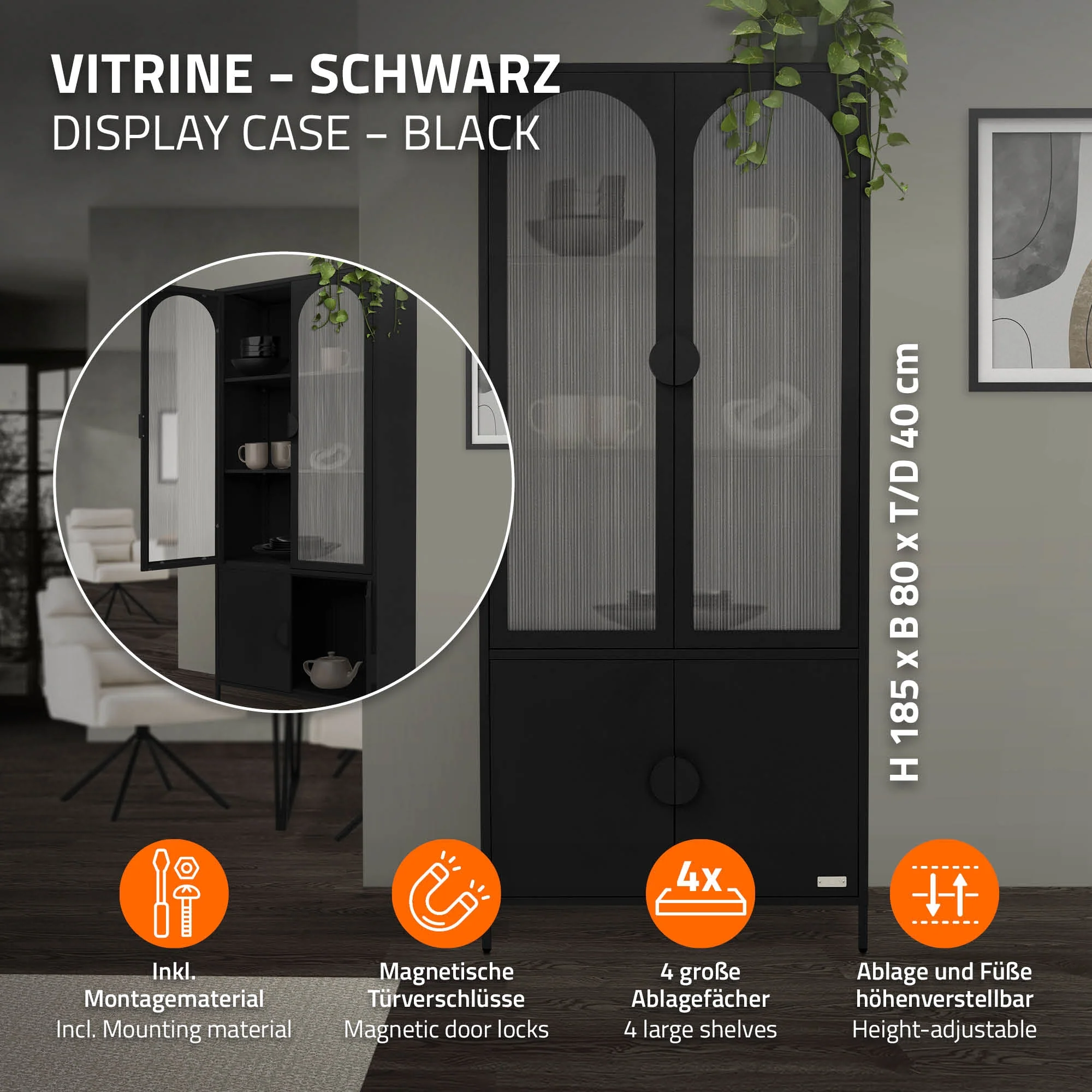 Vitrinenschrank 80x185x40 cm aus Stahl mit 4 Ablage-/Regalfächer und 4 Türen - Image 5