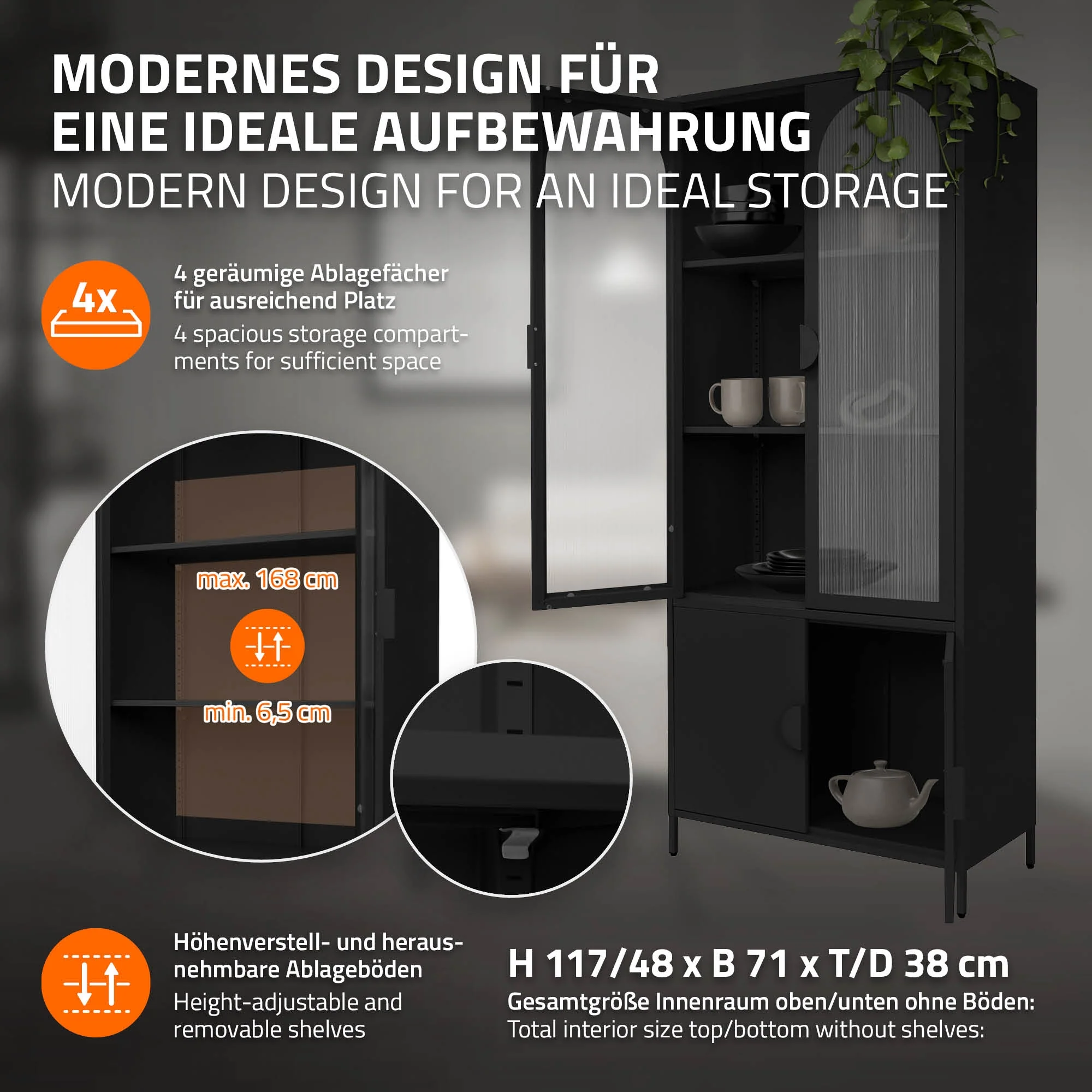 Vitrinenschrank 80x185x40 cm aus Stahl mit 4 Ablage-/Regalfächer und 4 Türen - Image 6