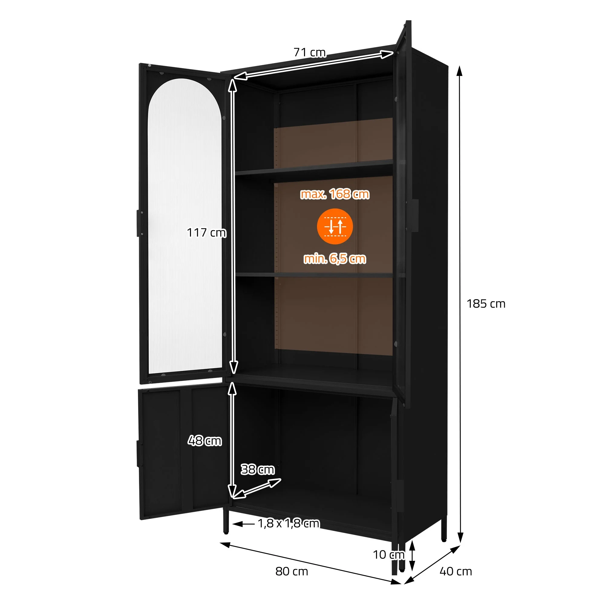 Vitrinenschrank 80x185x40 cm aus Stahl mit 4 Ablage-/Regalfächer und 4 Türen - Image 9