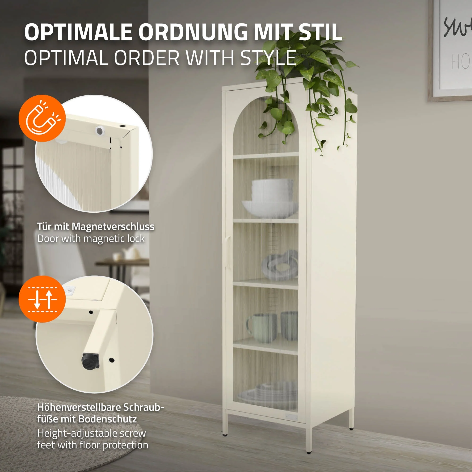 Vitrinenschrank schmal 45x145x35 cm mit 5 Ablagen und 1 Tür, aus Stahl - Image 15