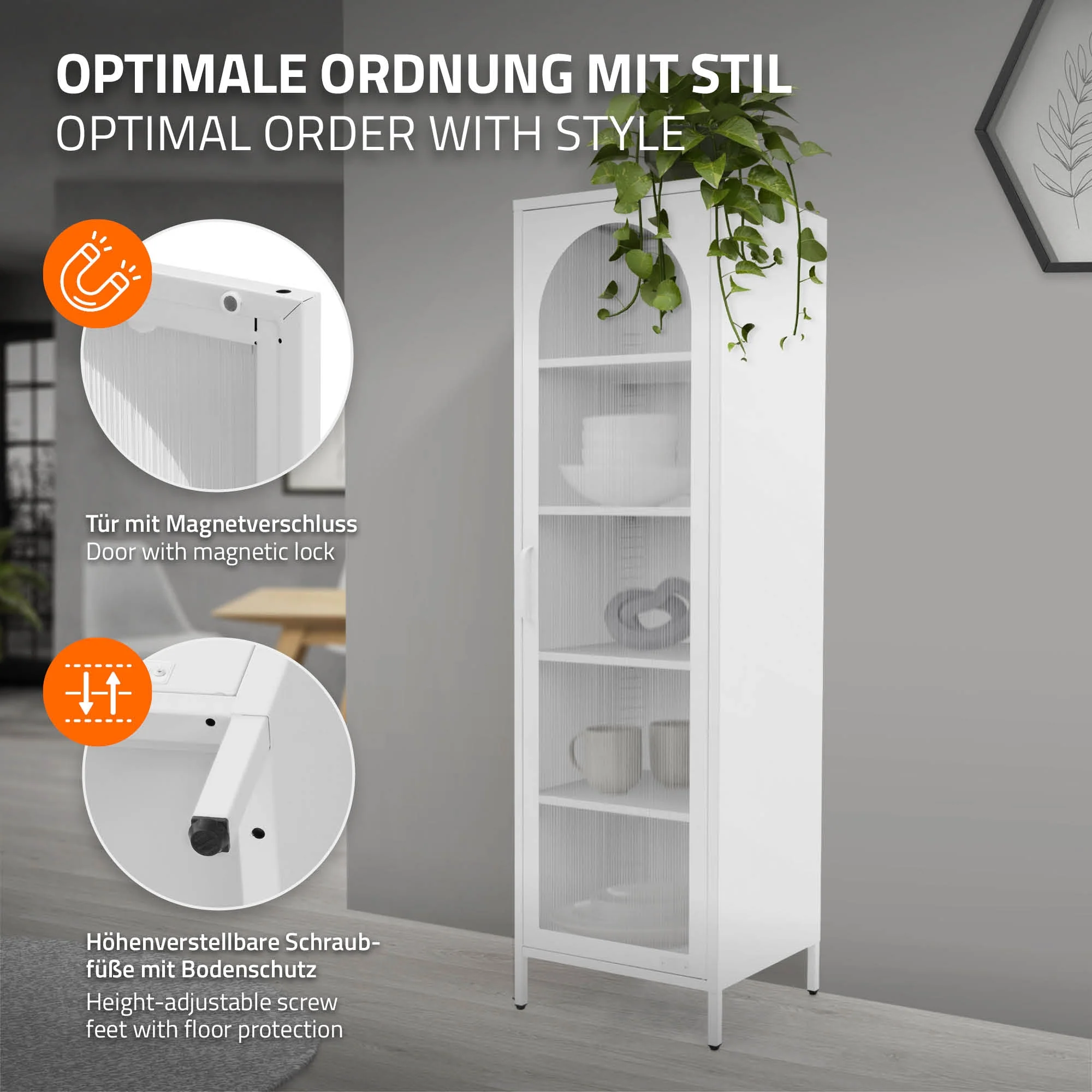 Vitrinenschrank schmal 45x145x35 cm mit 5 Ablagen und 1 Tür, aus Stahl - Image 7