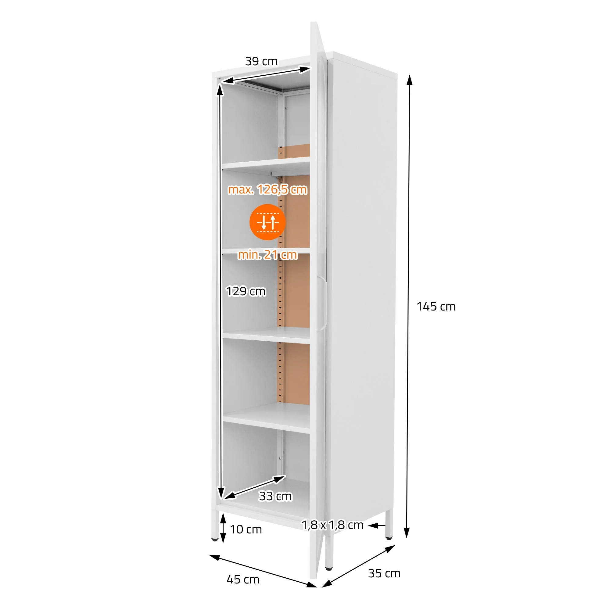 Vitrinenschrank schmal 45x145x35 cm mit 5 Ablagen und 1 Tür, aus Stahl - Image 9