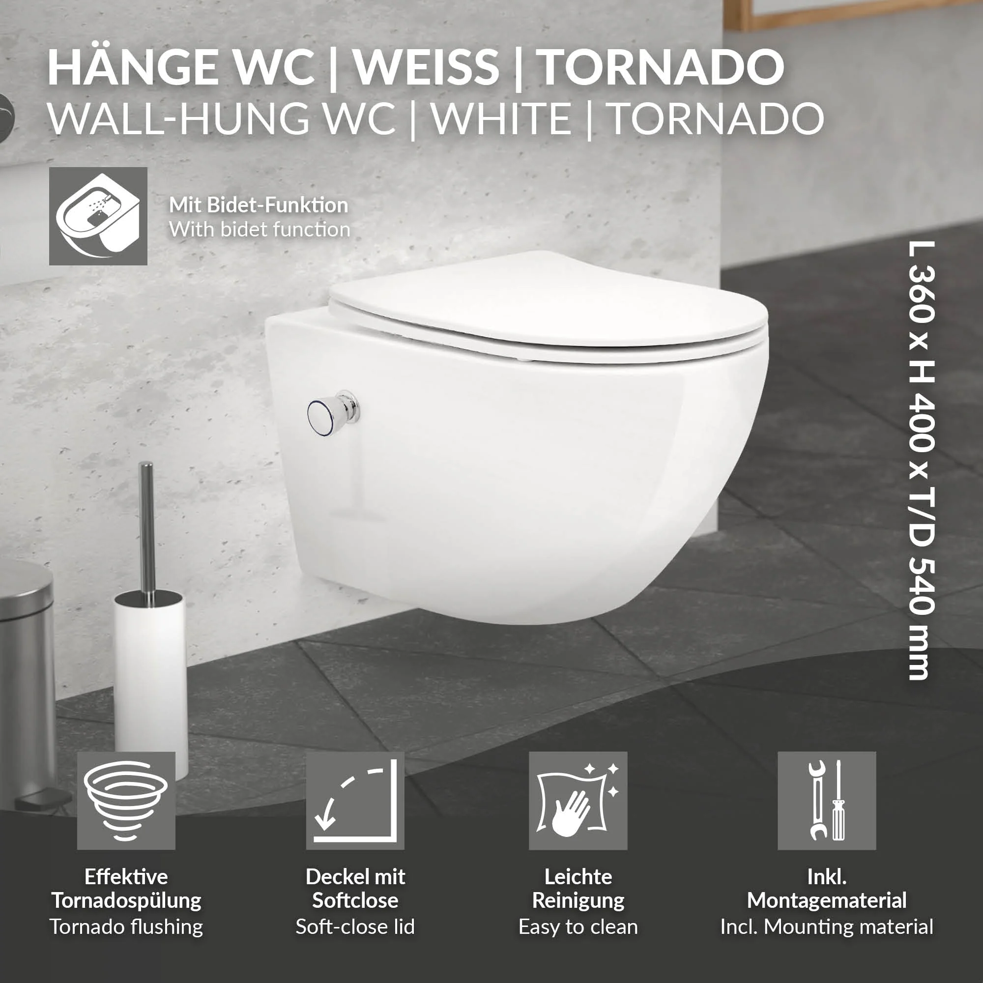 Wand WC Spülrandlos mit Bidet-Funktion, Weiß, Keramik - Image 3