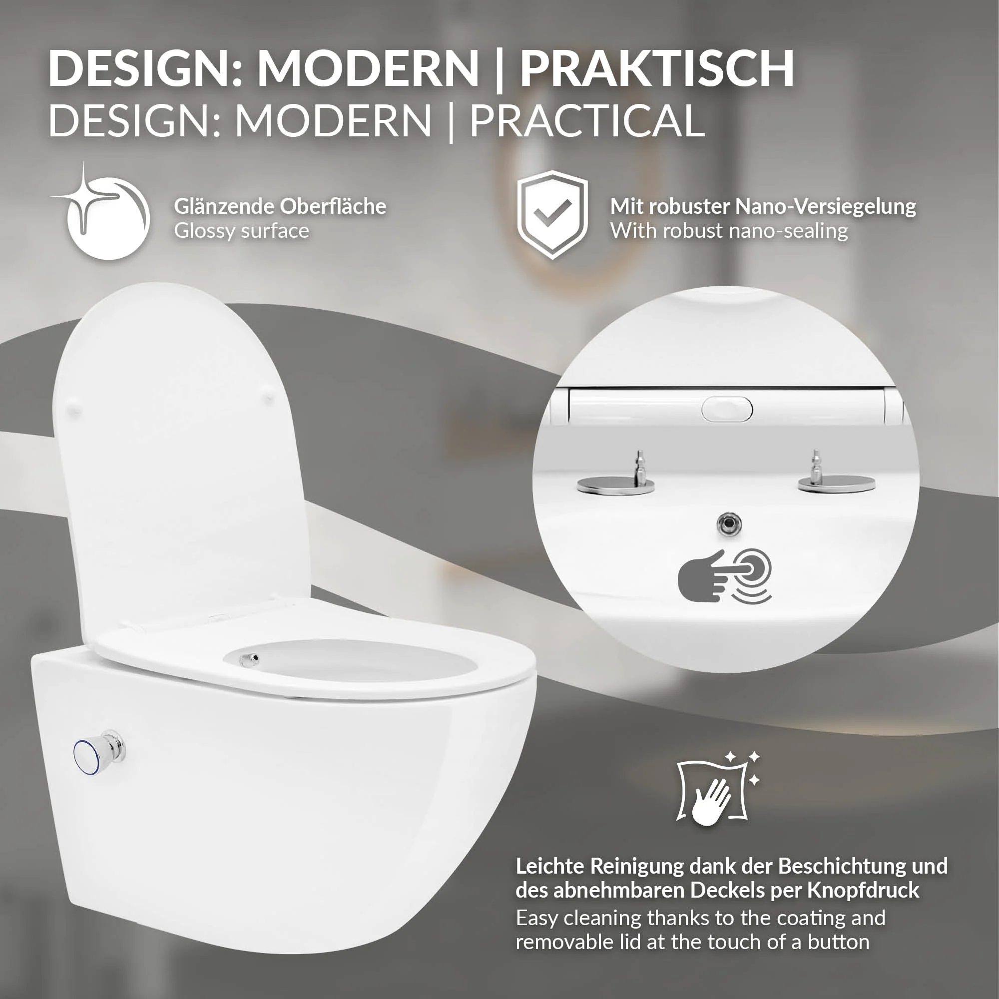 Wand WC Spülrandlos mit Bidet-Funktion, Weiß, Keramik - Image 4