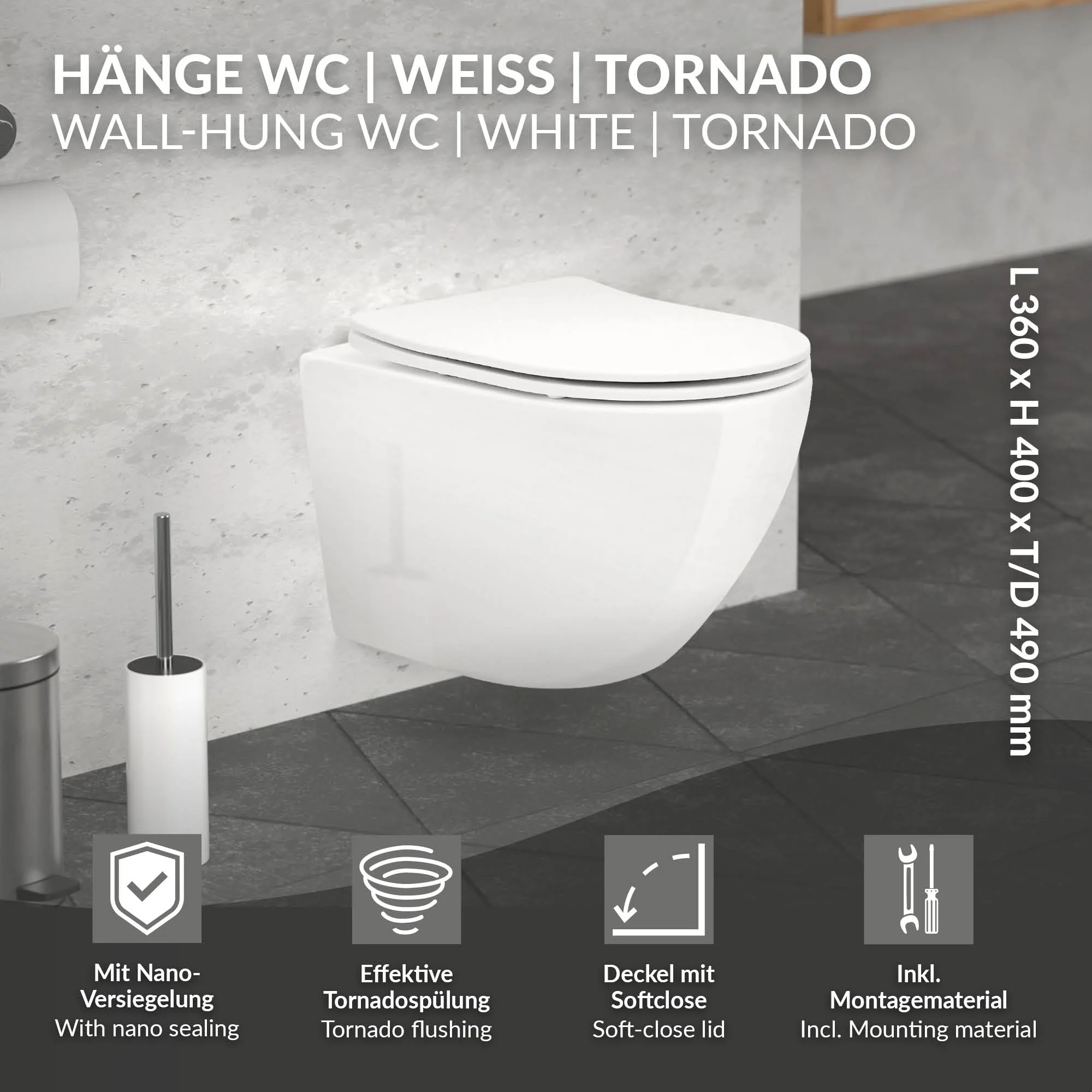 Wand WC Spülrandlos, Weiß, Tiefspüler Keramik Hänge WC, kurz 49cm - Image 3