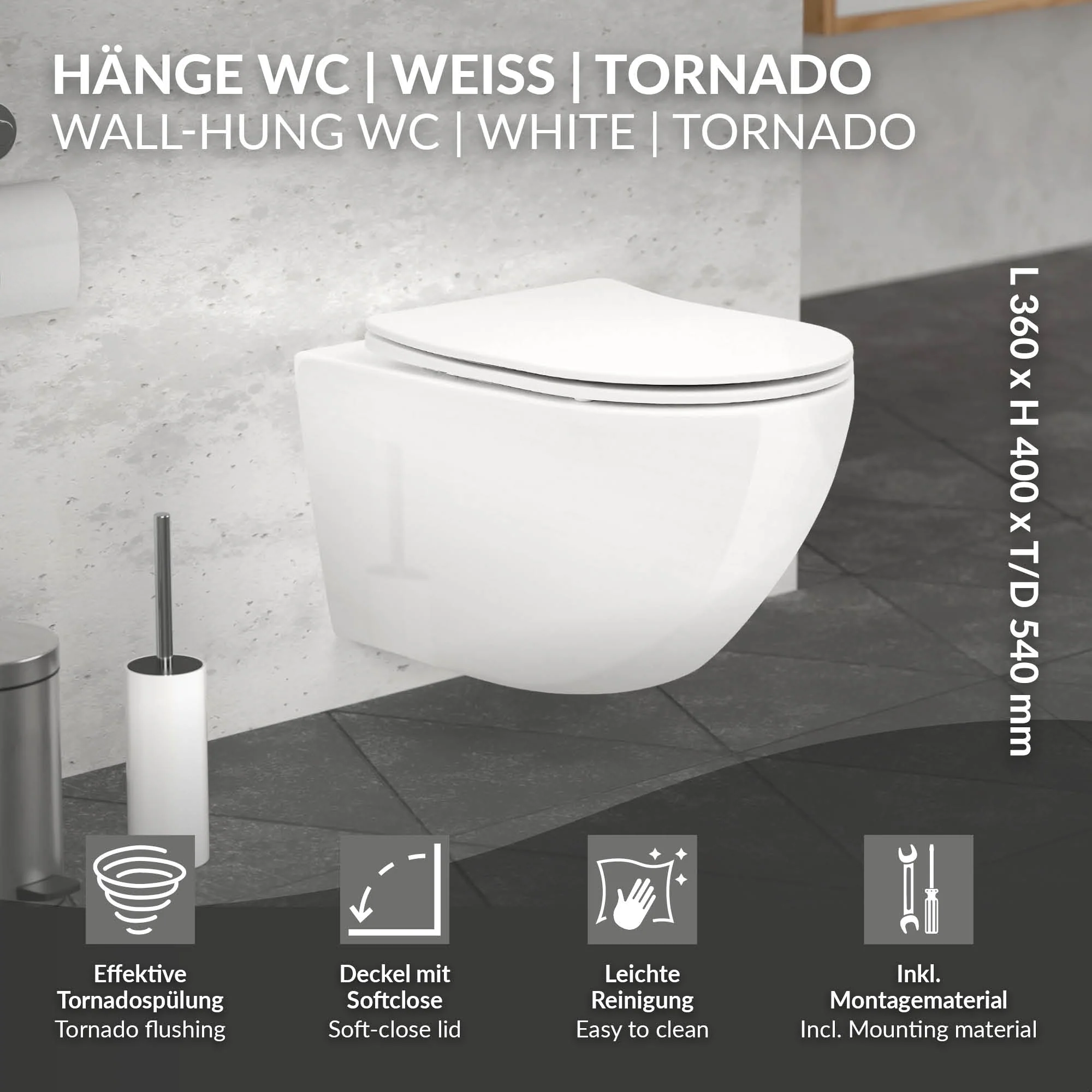 Wand WC Spülrandlos, Weiß, Tiefspüler Keramik Hänge WC lang 53,5cm - Image 3