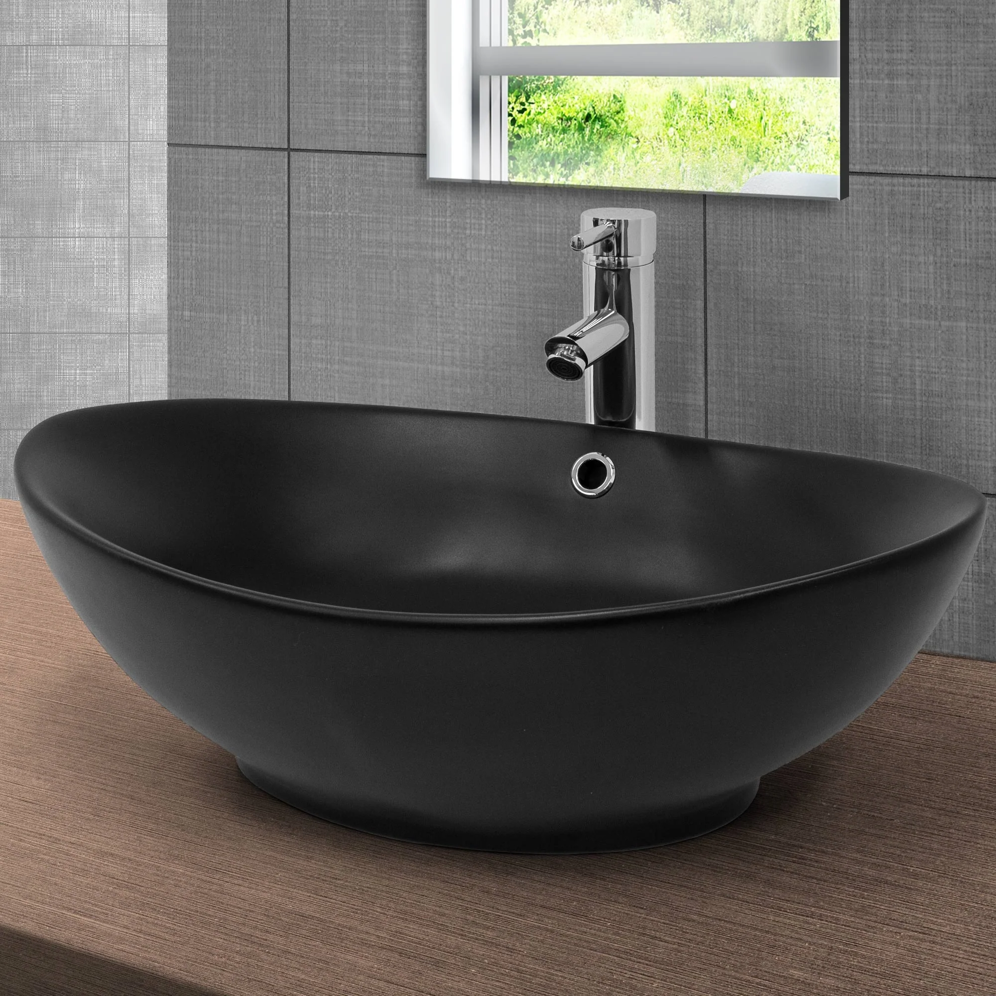 Waschbecken inkl. Ablaufgarnitur mit Überlauf 59x38x19 cm Schwarz Keramik ML-Design - Image 2