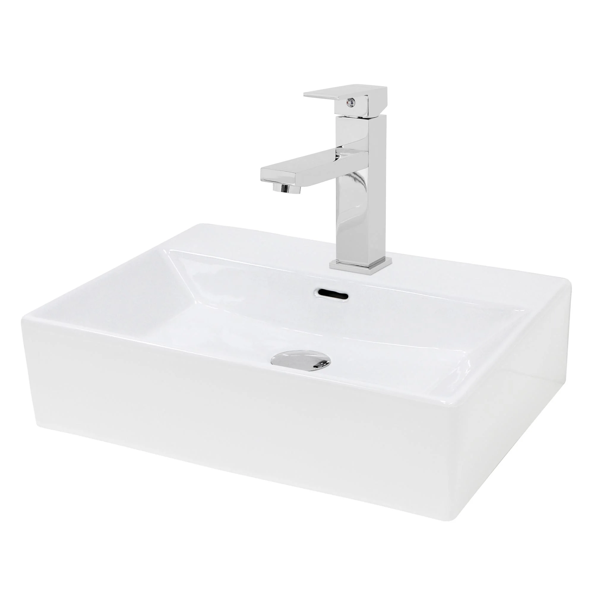 Waschbecken Waschtisch 515x360x130 mm Keramik Weiß Eckig + Wasserhahn Standard Chrom