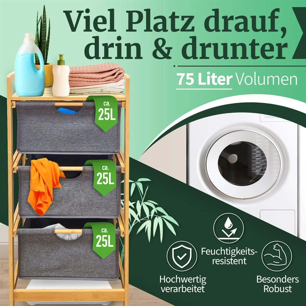 Wäschekorb Badregal Regal Wäschesammler Aufbewahrung 3 Fächer 44x34,5x96 cm - Natur - Image 10