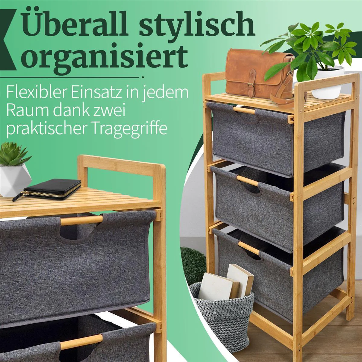 Wäschekorb Badregal Regal Wäschesammler Aufbewahrung 3 Fächer 44x34,5x96 cm - Natur - Image 11
