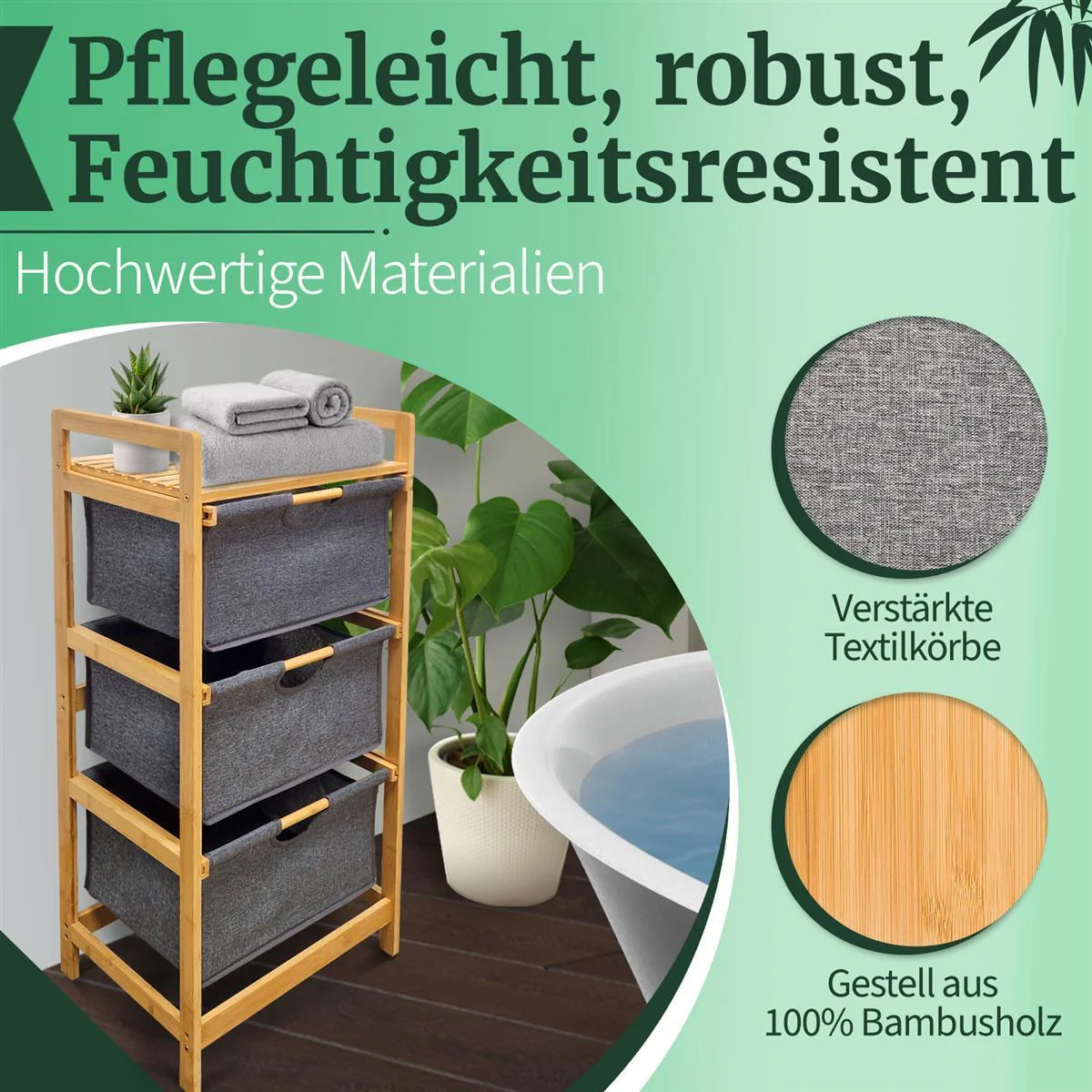 Wäschekorb Badregal Regal Wäschesammler Aufbewahrung 3 Fächer 44x34,5x96 cm - Natur - Image 12