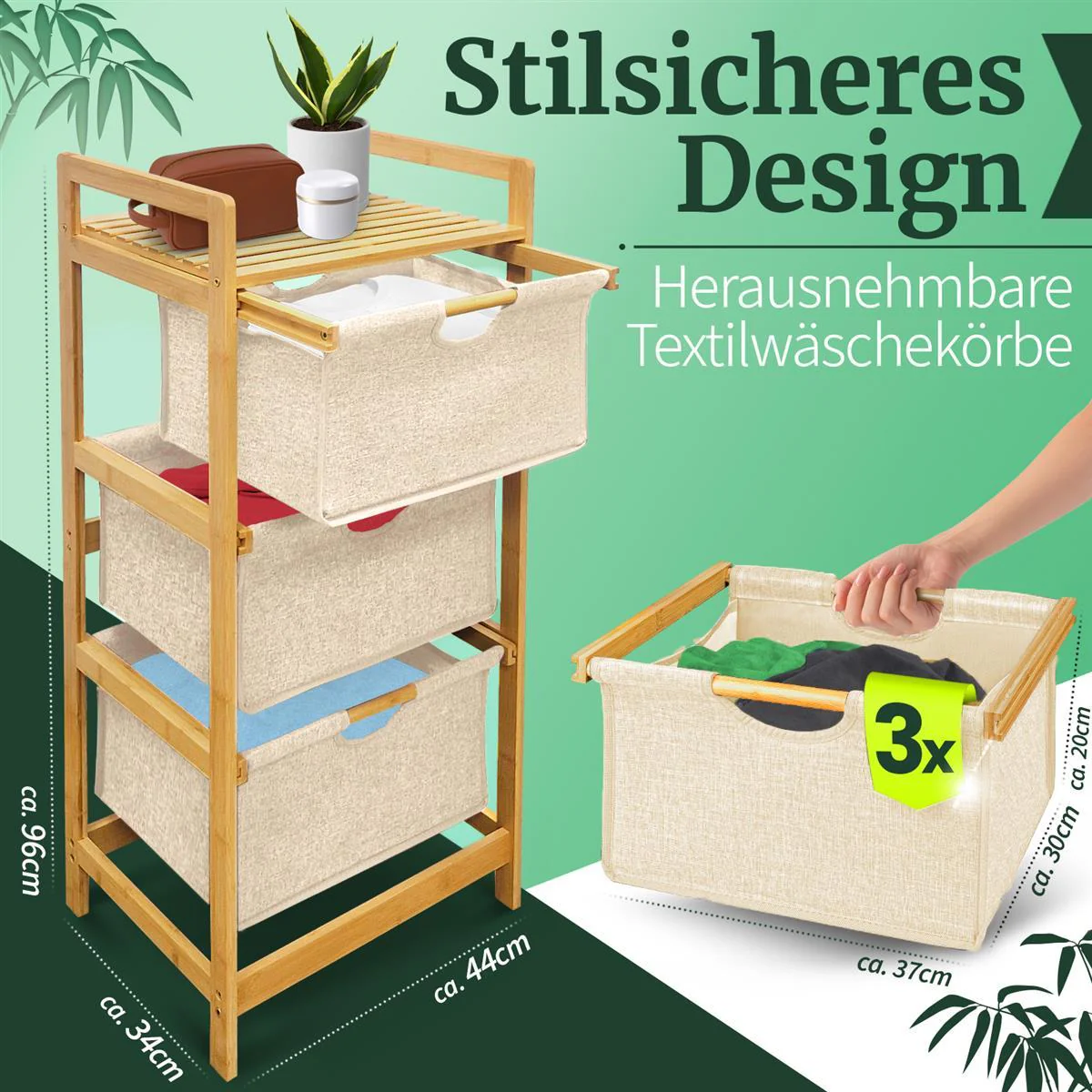 Wäschekorb Badregal Regal Wäschesammler Aufbewahrung 3 Fächer 44x34,5x96 cm - Natur - Image 2