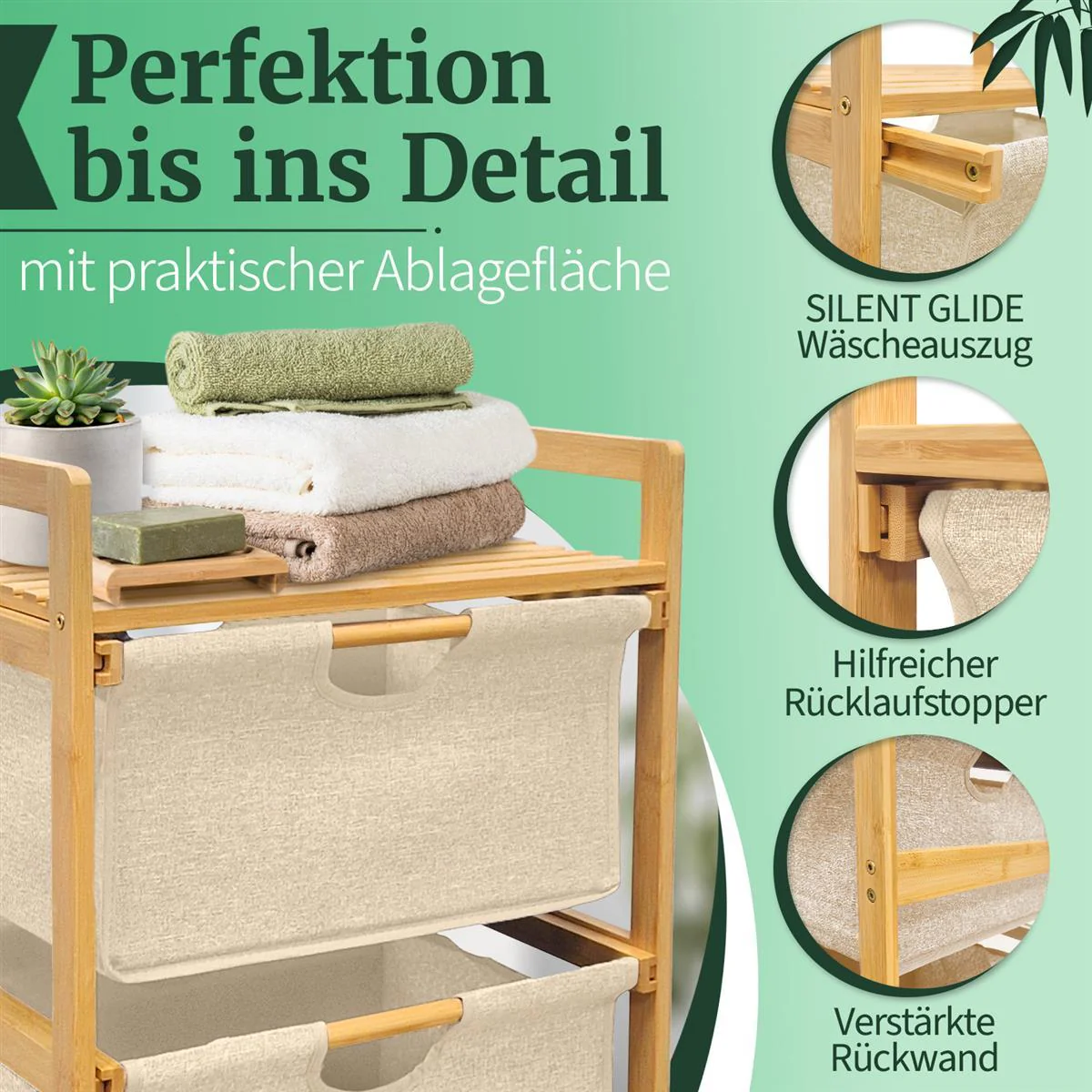 Wäschekorb Badregal Regal Wäschesammler Aufbewahrung 3 Fächer 44x34,5x96 cm - Natur - Image 3