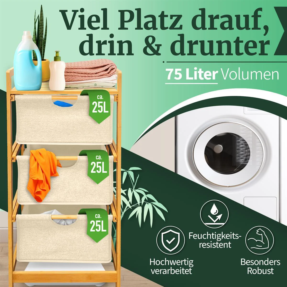 Wäschekorb Badregal Regal Wäschesammler Aufbewahrung 3 Fächer 44x34,5x96 cm - Natur - Image 4