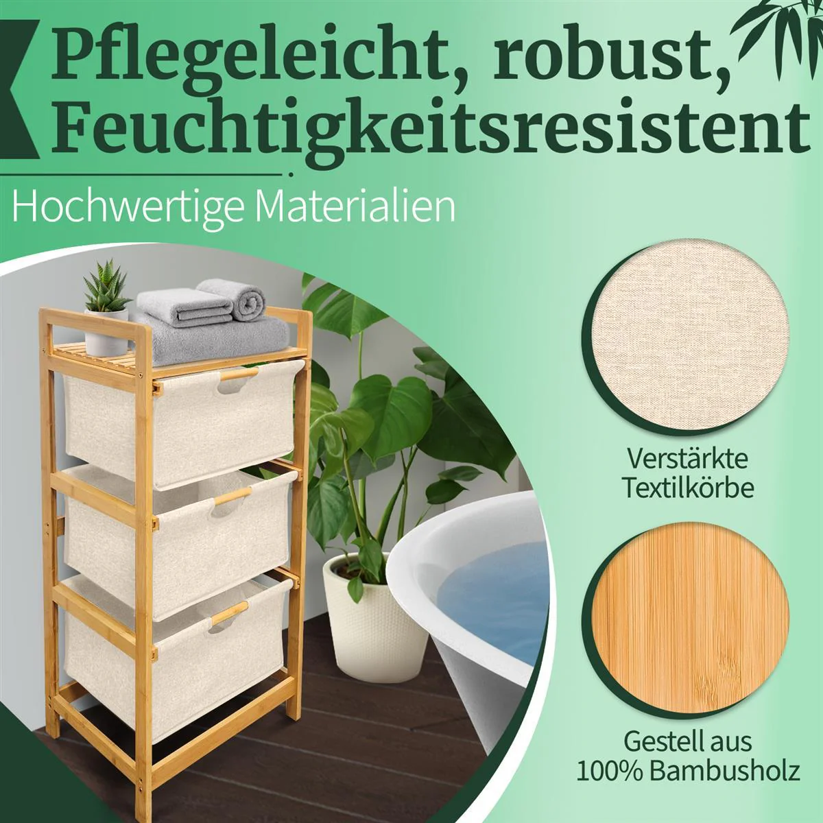 Wäschekorb Badregal Regal Wäschesammler Aufbewahrung 3 Fächer 44x34,5x96 cm - Natur - Image 6