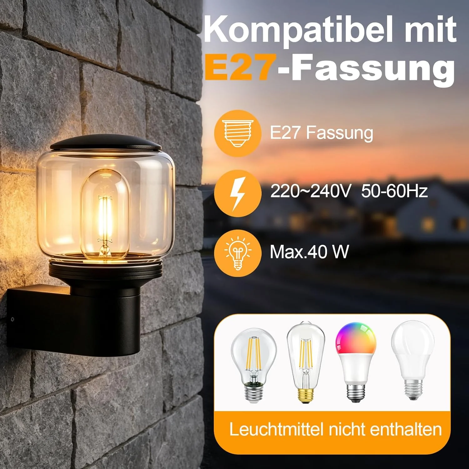 ZMH Außenwandleuchte E27 IP65 Wandlampe Hauswand Outdoor Balkon Schlafzimmer Ohne Leuchtmittel - Image 3