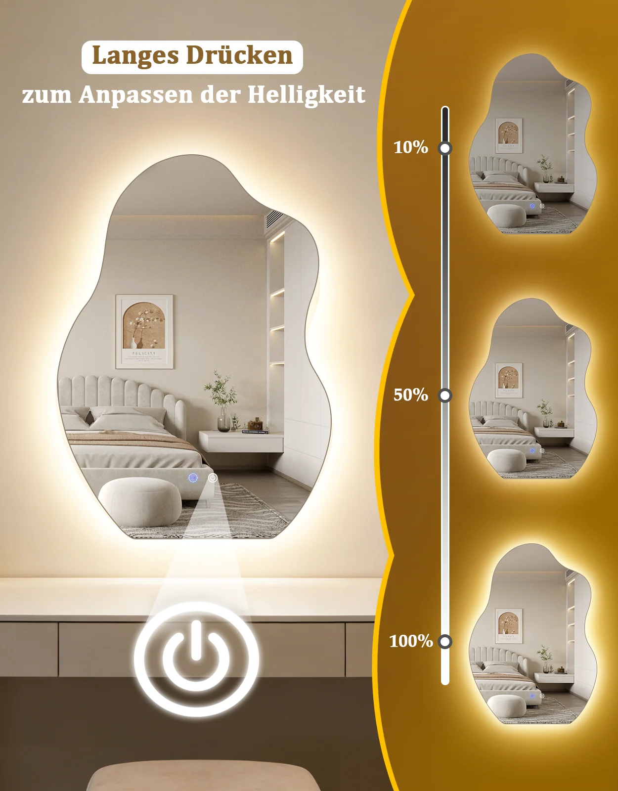 ZMH Badspiegel asymmetrisch mit Beleuchtung LED 50x70cm Entfogger-Funktion Touch Dimmbar Wandspiegel - Image 5