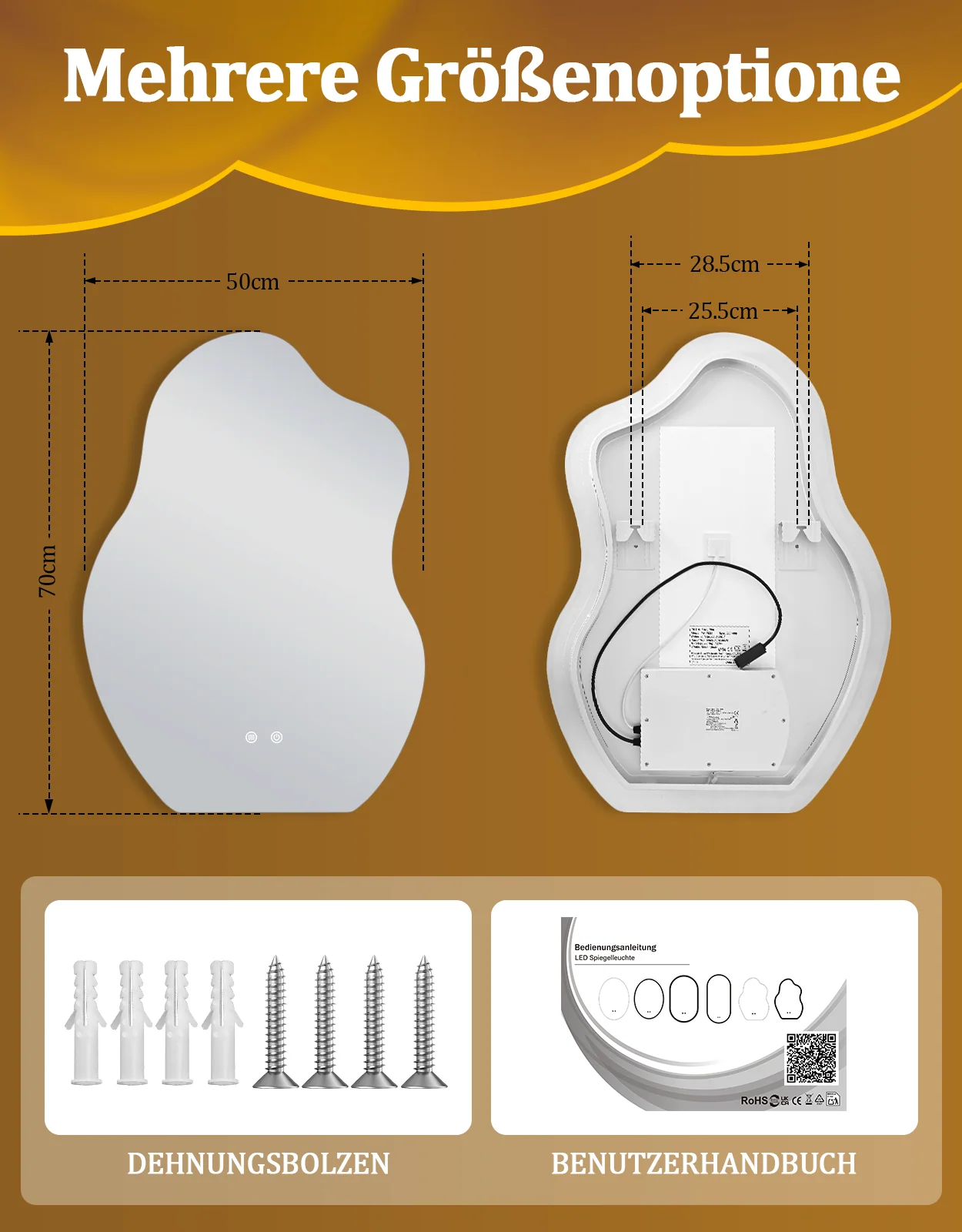 ZMH Badspiegel asymmetrisch mit Beleuchtung LED 50x70cm Entfogger-Funktion Touch Dimmbar Wandspiegel - Image 9