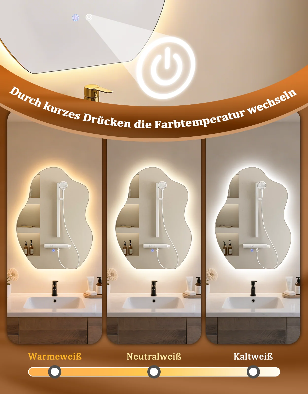ZMH Badspiegel asymmetrisch mit Beleuchtung LED 60x80cm Entfogger-Funktion Touch Dimmbar Wandspiegel - Image 4