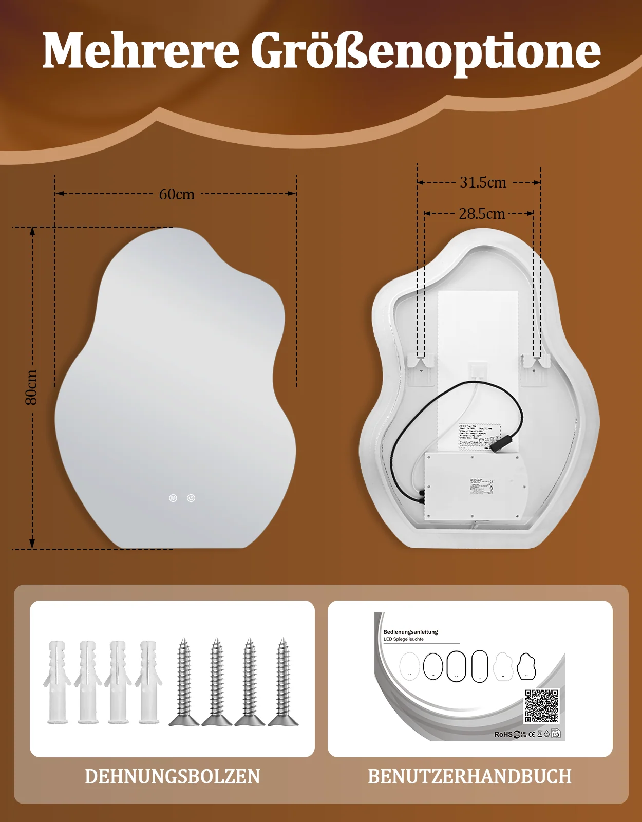 ZMH Badspiegel asymmetrisch mit Beleuchtung LED 60x80cm Entfogger-Funktion Touch Dimmbar Wandspiegel - Image 9