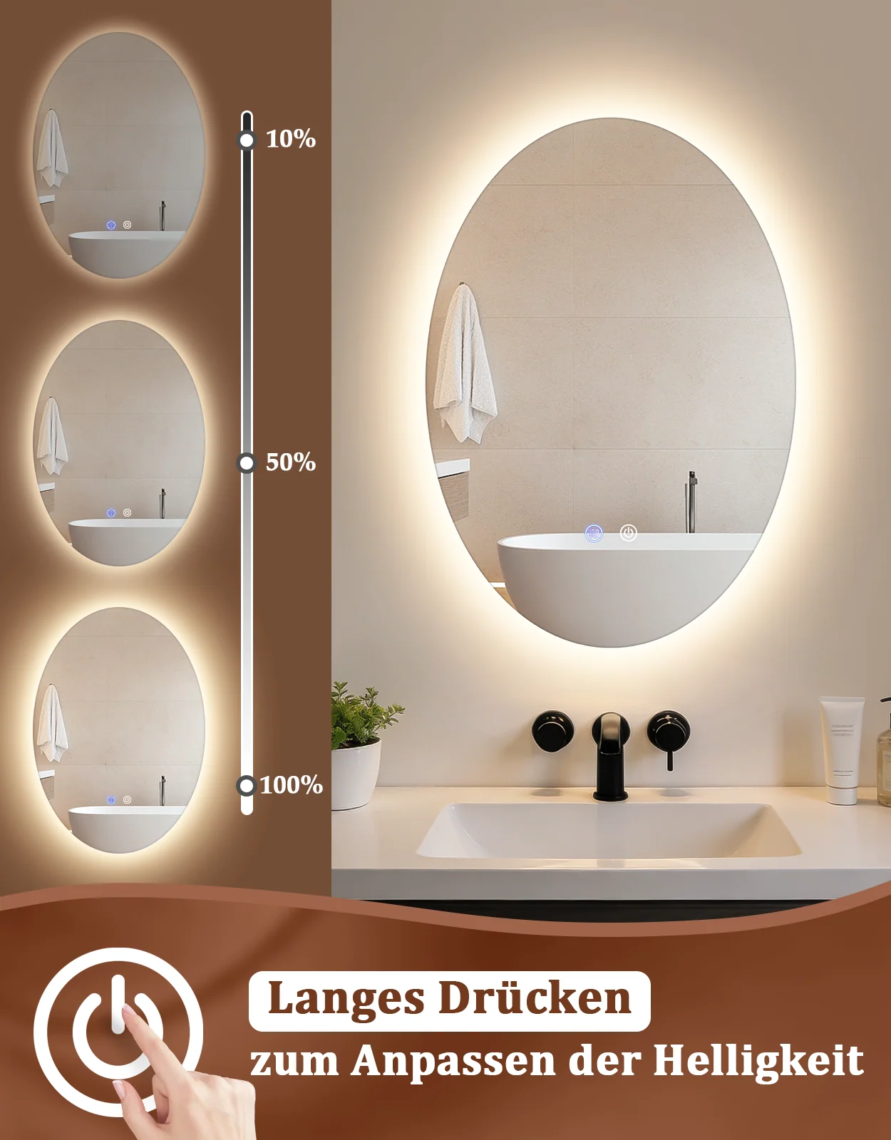 ZMH Badspiegel mit Beleuchtung LED 50x70cm Entfogger-Funktion Touch Dimmbar Oval Wandspiegel - Image 5