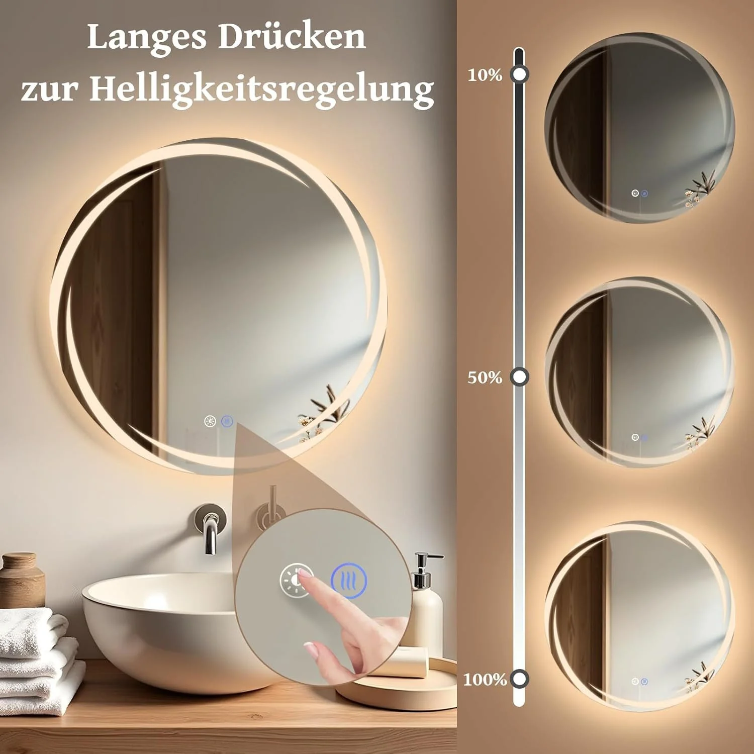 ZMH Badspiegel mit Beleuchtung Rund Modern 60cm LED Dimmer Wandspiegel - Image 5