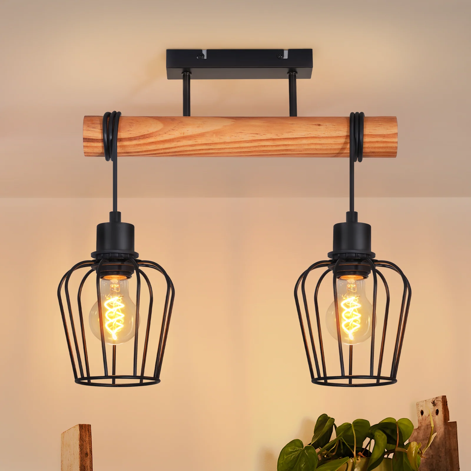 ZMH Deckenleuchte Vintage 2 flammig Schwarz Industrial Metall Holz E27 Küchenlampe für Esstisch - Image 4