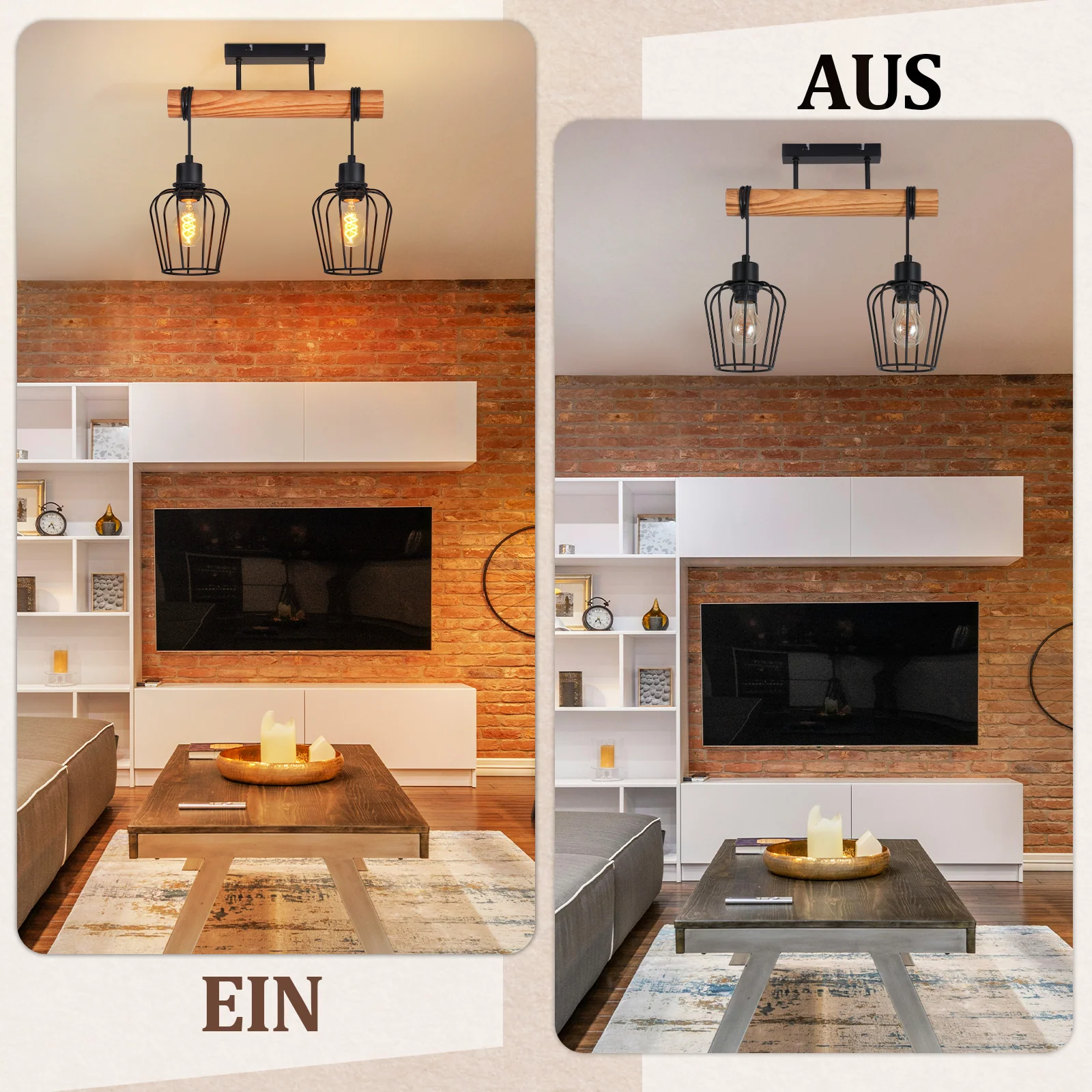 ZMH Deckenleuchte Vintage 2 flammig Schwarz Industrial Metall Holz E27 Küchenlampe für Esstisch - Image 5