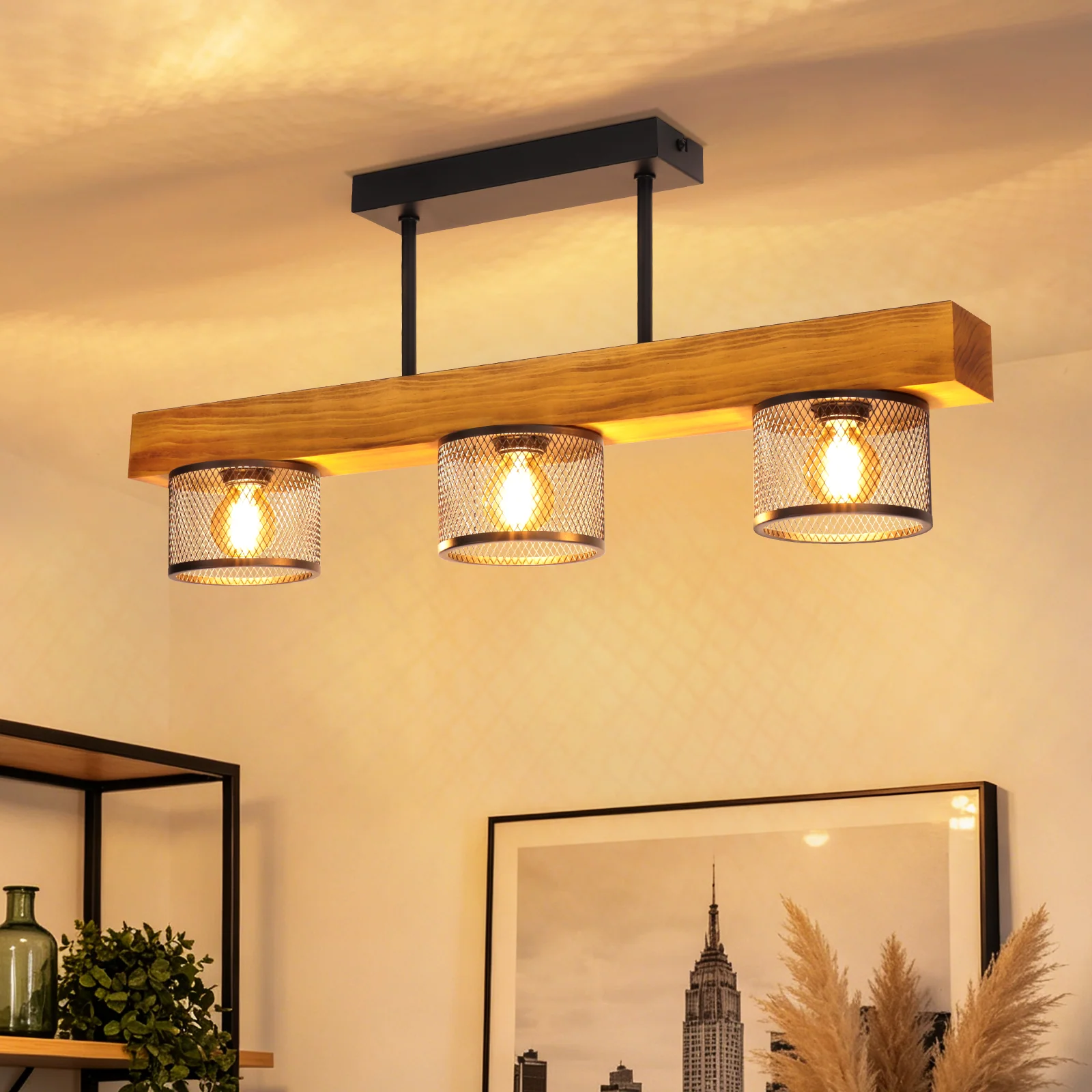 ZMH Deckenleuchte Vintage Holz E14 3 flammig Industrial Deckenlampe für Esstisch Wohnzimmer - Image 2