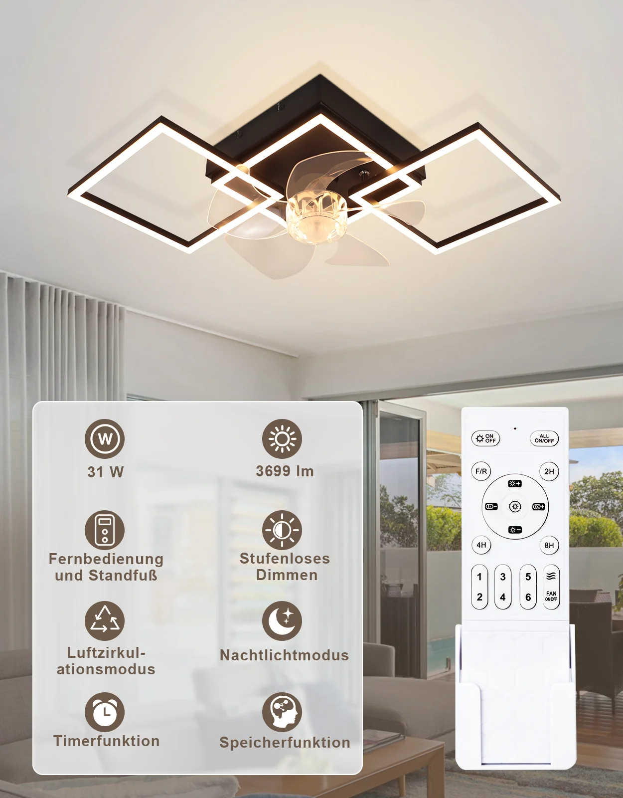 ZMH Deckenventilator mit Beleuchtung 6-Gang LED Dimmbar 68cm Deckenlampe für Wohnzimmer Esszimmer - Image 6