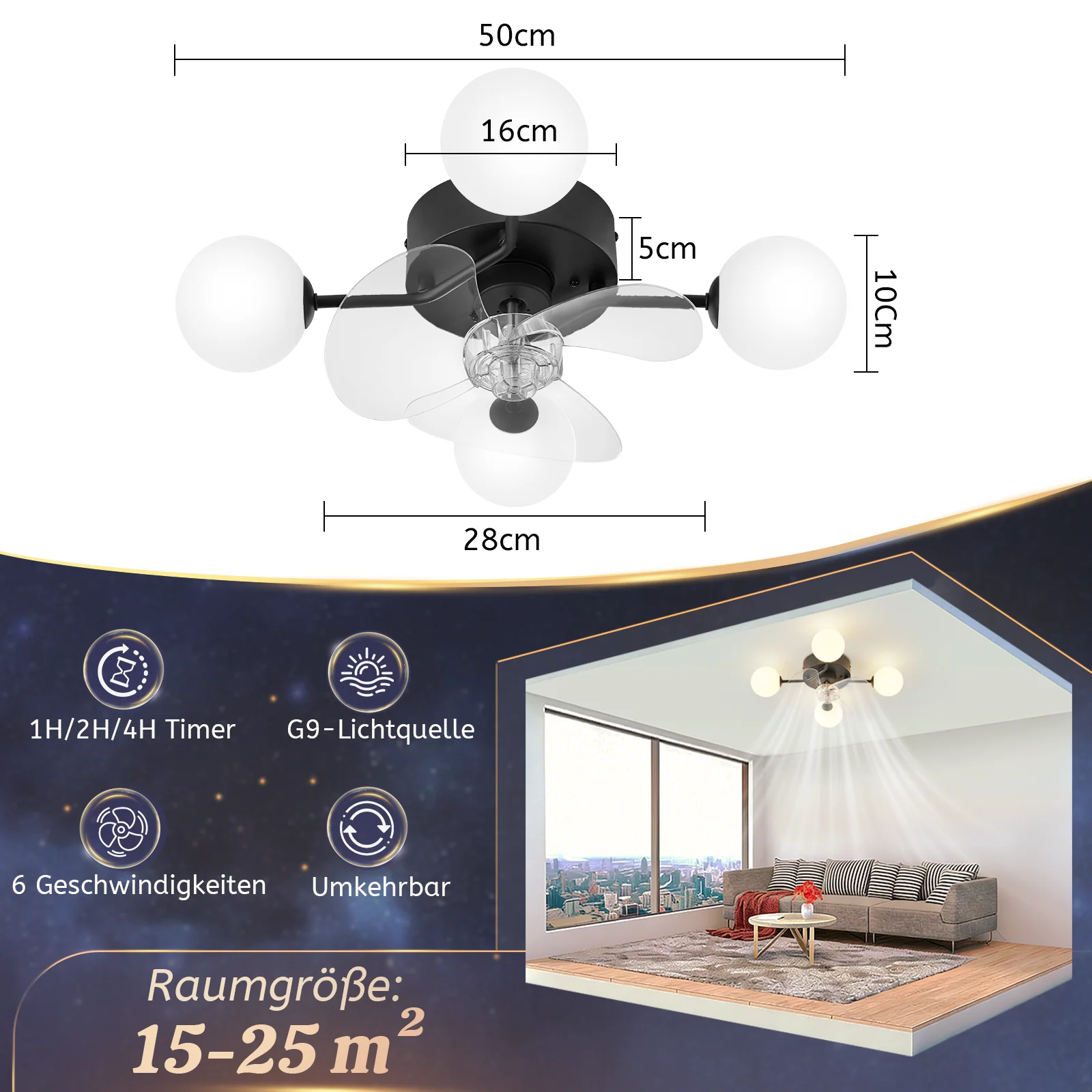 ZMH Deckenventilator mit Beleuchtung 6 Geschwindigkeiten Timer G9 leise Deckenleuchte Esszimmer - Image 9