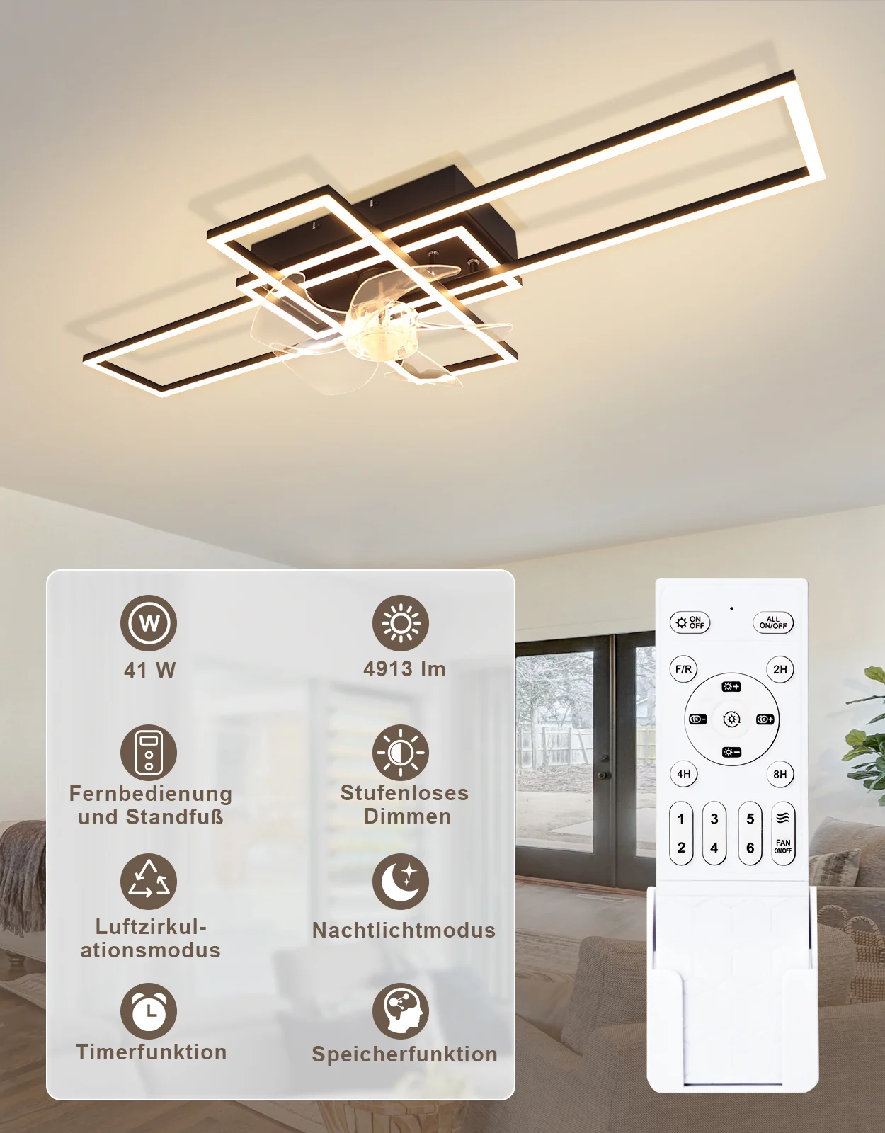 ZMH Deckenventilator mit Beleuchtung 94cm 6-Gang LED Dimmbar Timer Deckenlampe Wohnzimmer Esszimmer - Image 2