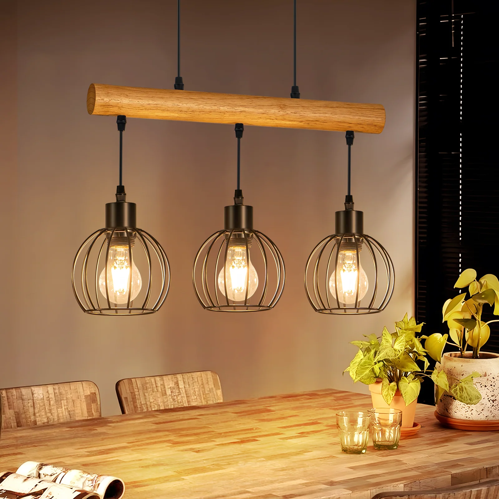ZMH Hängelampe 3 flammig Vintage Industrial Holz Höhenverstellbar Pendelleuchte für Wohnzimmer Bar - Image 2