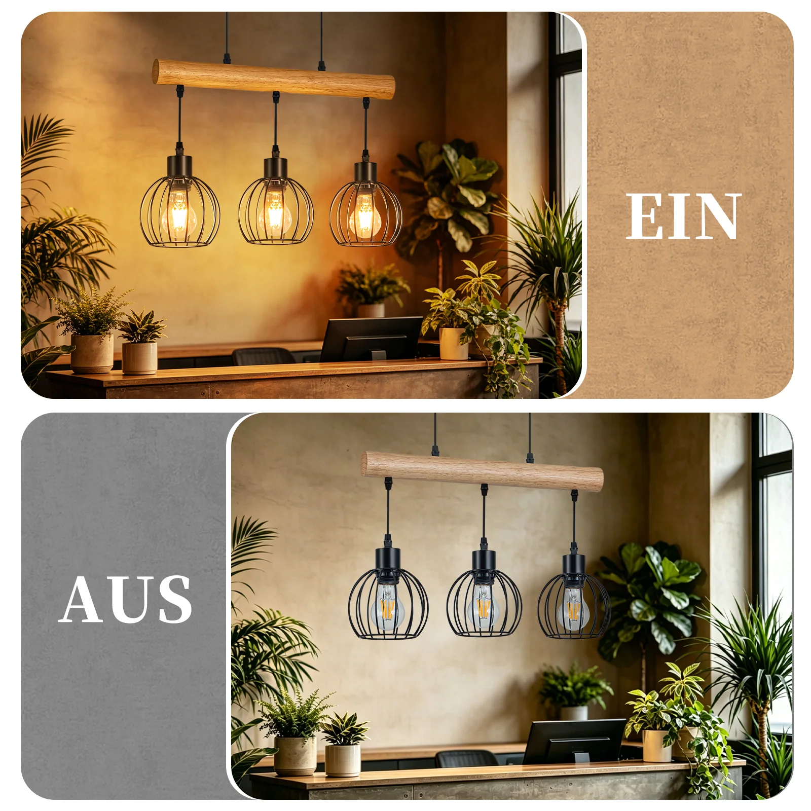 ZMH Hängelampe 3 flammig Vintage Industrial Holz Höhenverstellbar Pendelleuchte für Wohnzimmer Bar - Image 5