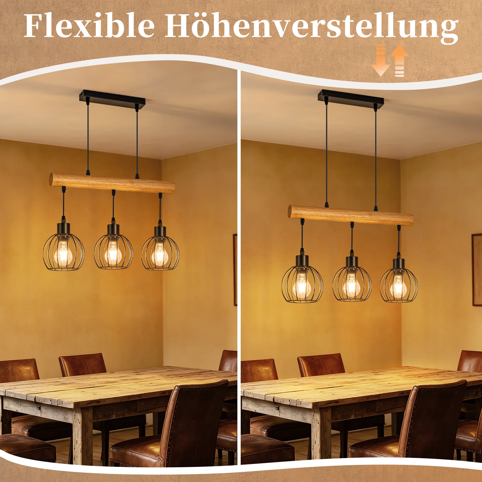 ZMH Hängelampe 3 flammig Vintage Industrial Holz Höhenverstellbar Pendelleuchte für Wohnzimmer Bar - Image 6