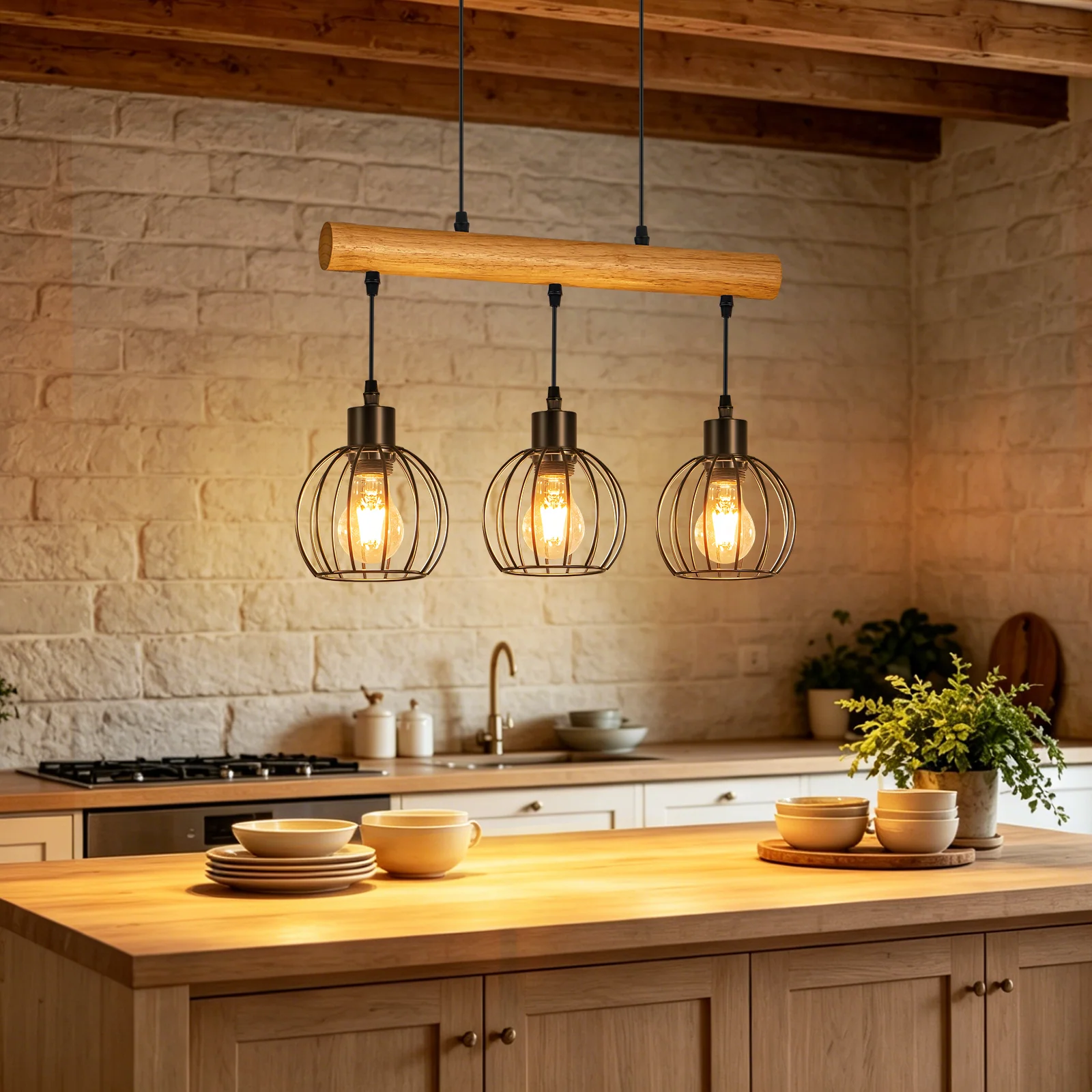 ZMH Hängelampe 3 flammig Vintage Industrial Holz Höhenverstellbar Pendelleuchte für Wohnzimmer Bar - Image 8