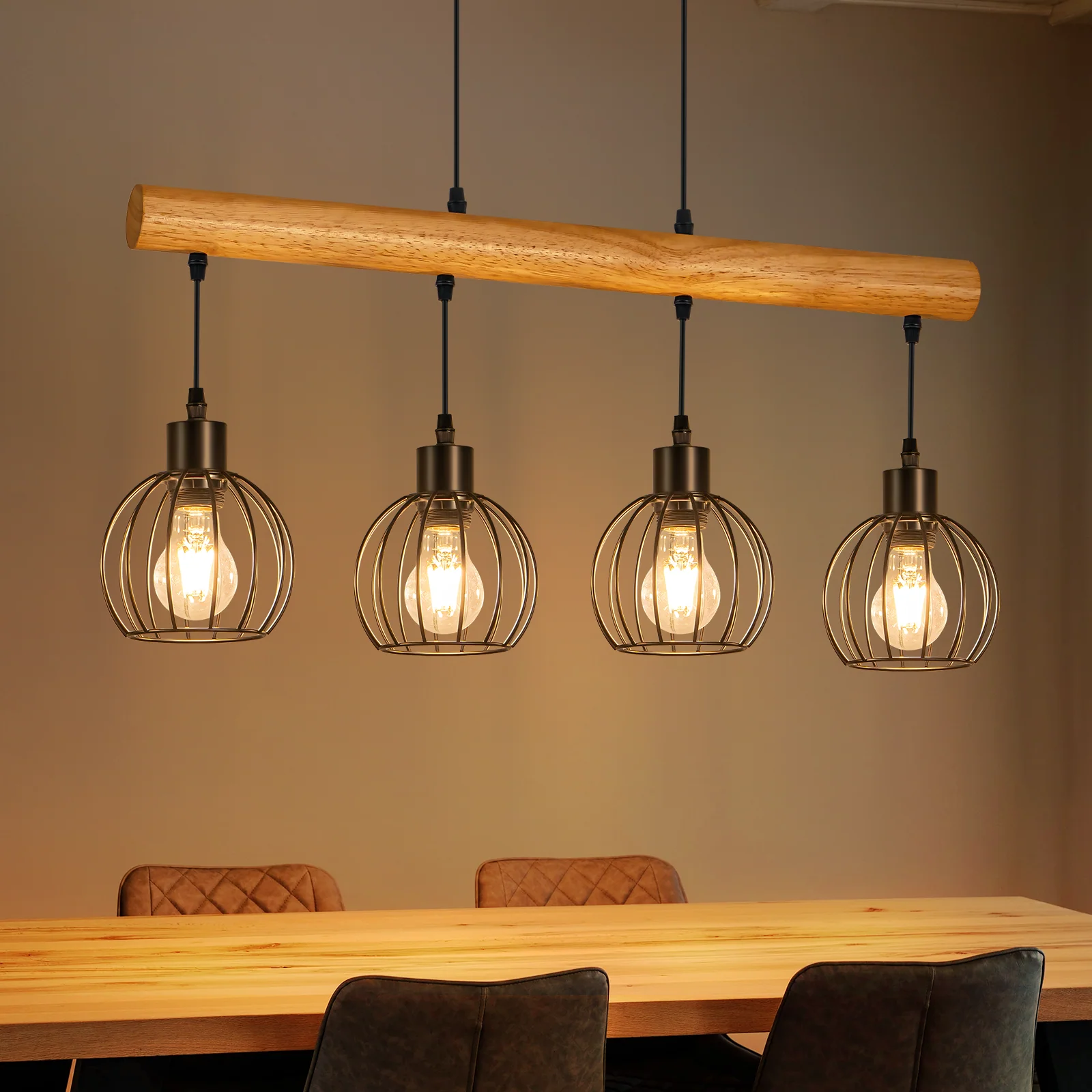 ZMH Hängelampe 4 flammig Vintage Industrial Holz Höhenverstellbar Pendelleuchte für Wohnzimmer Bar - Image 2