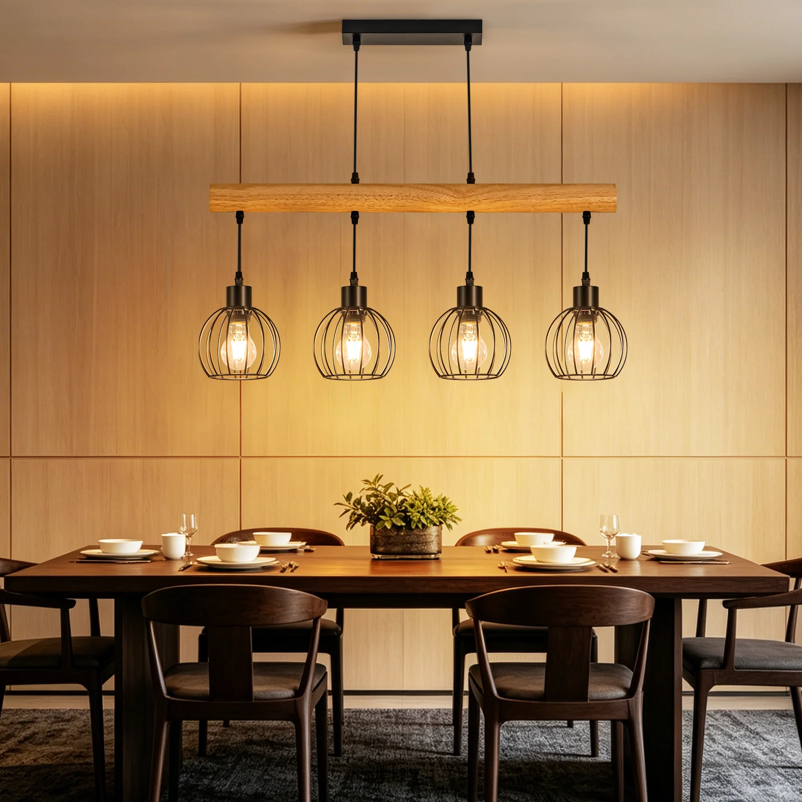 ZMH Hängelampe 4 flammig Vintage Industrial Holz Höhenverstellbar Pendelleuchte für Wohnzimmer Bar - Image 3
