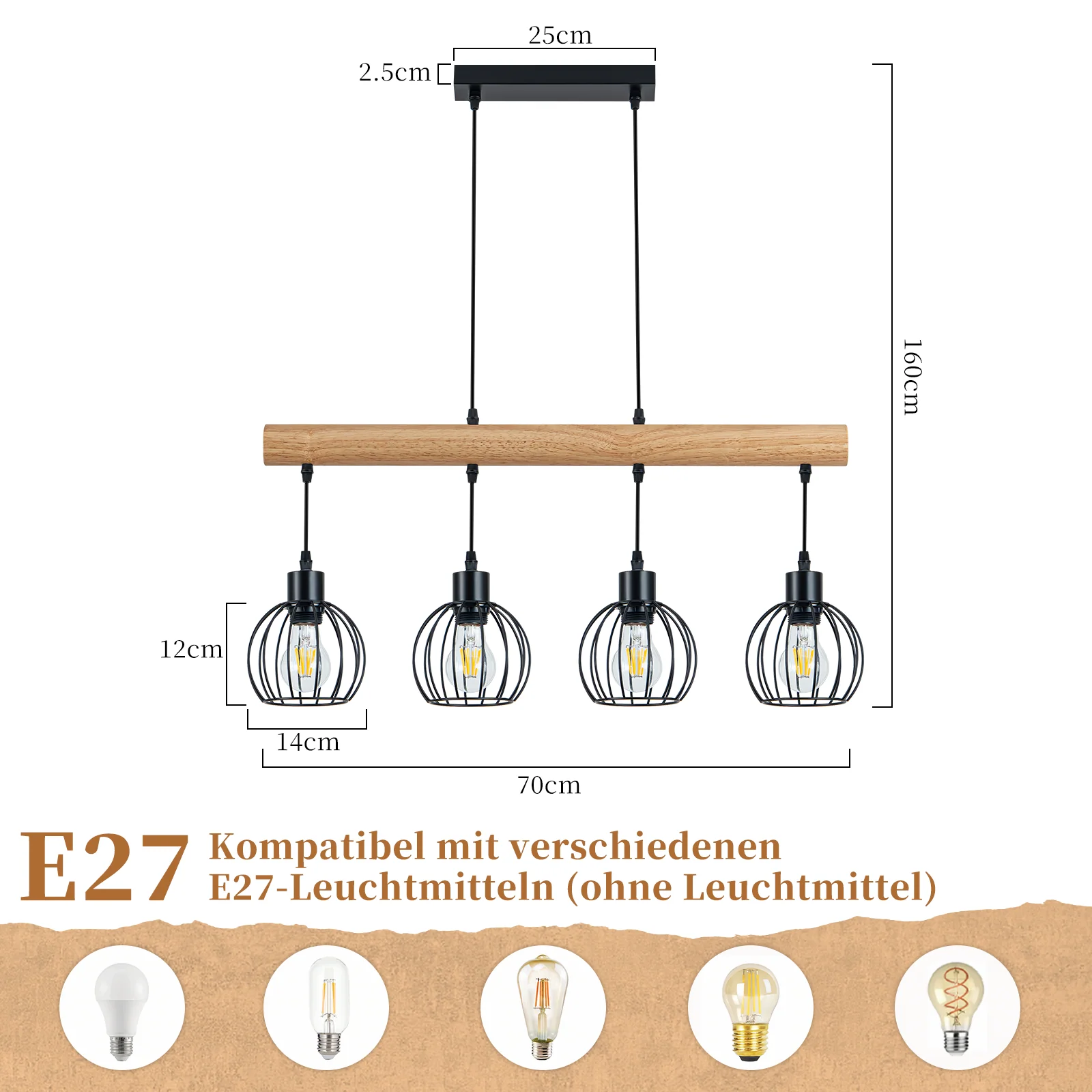 ZMH Hängelampe 4 flammig Vintage Industrial Holz Höhenverstellbar Pendelleuchte für Wohnzimmer Bar - Image 4