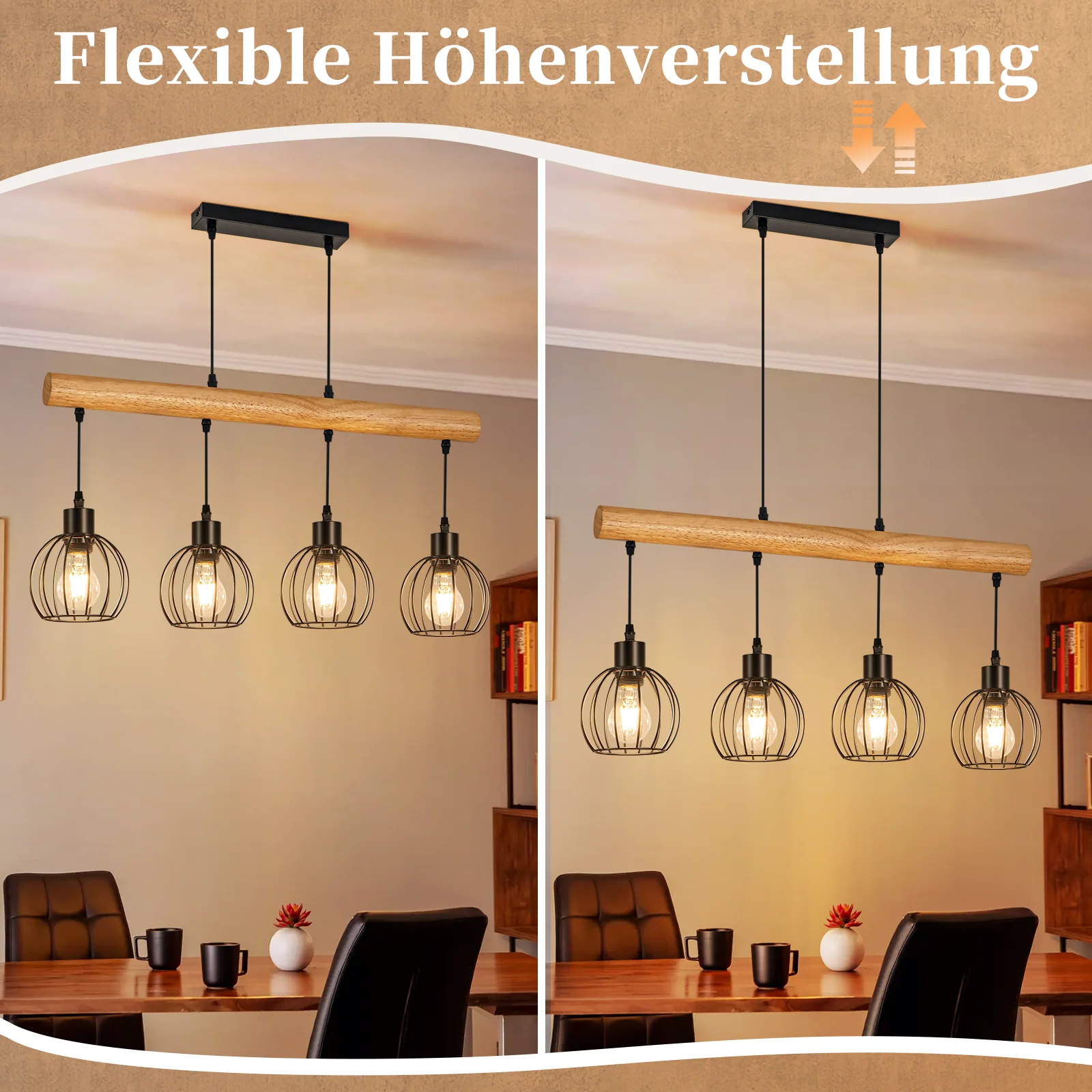 ZMH Hängelampe 4 flammig Vintage Industrial Holz Höhenverstellbar Pendelleuchte für Wohnzimmer Bar - Image 5